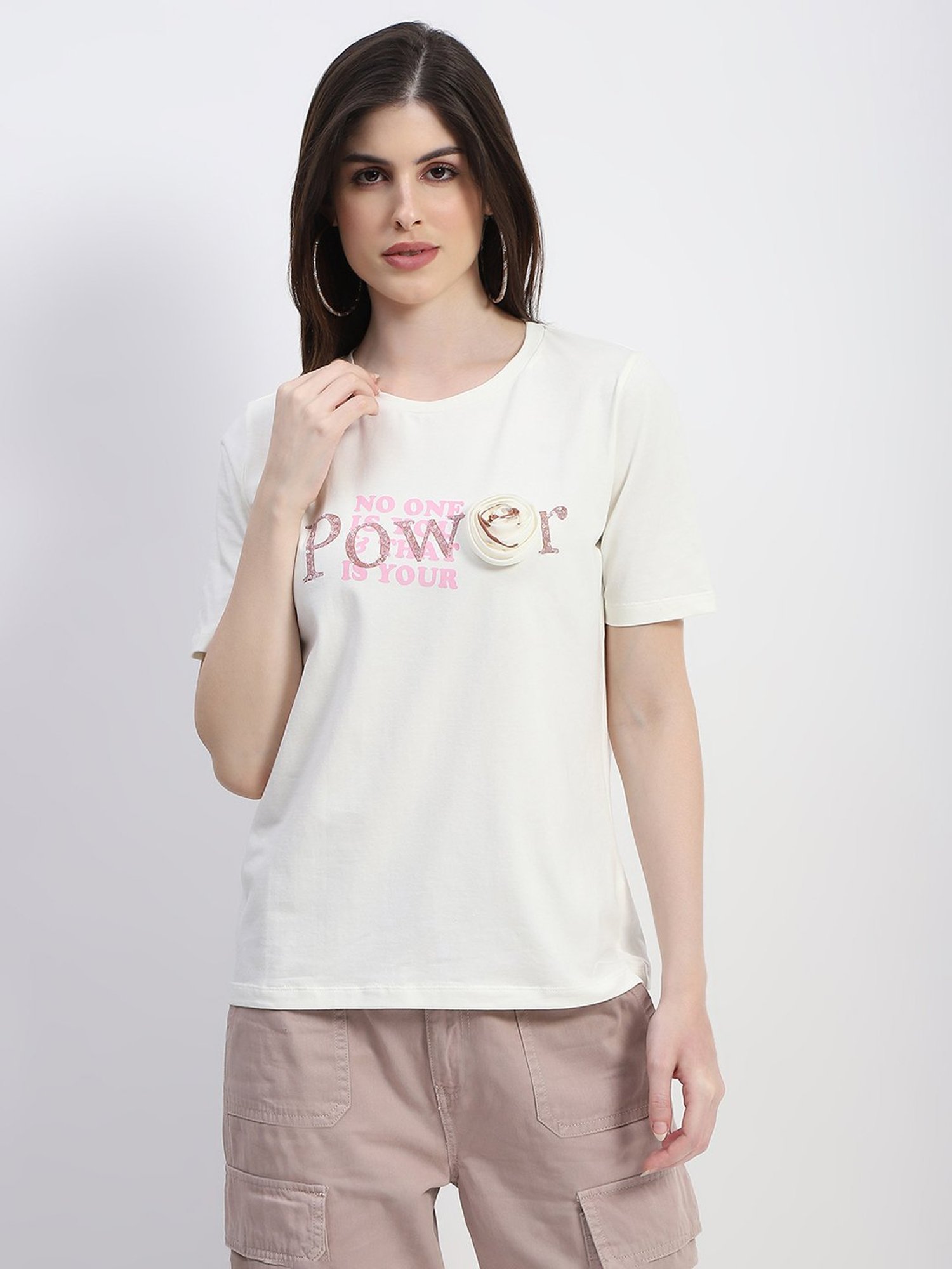 MADAME Off White Cotton Embellished T-Shirt
