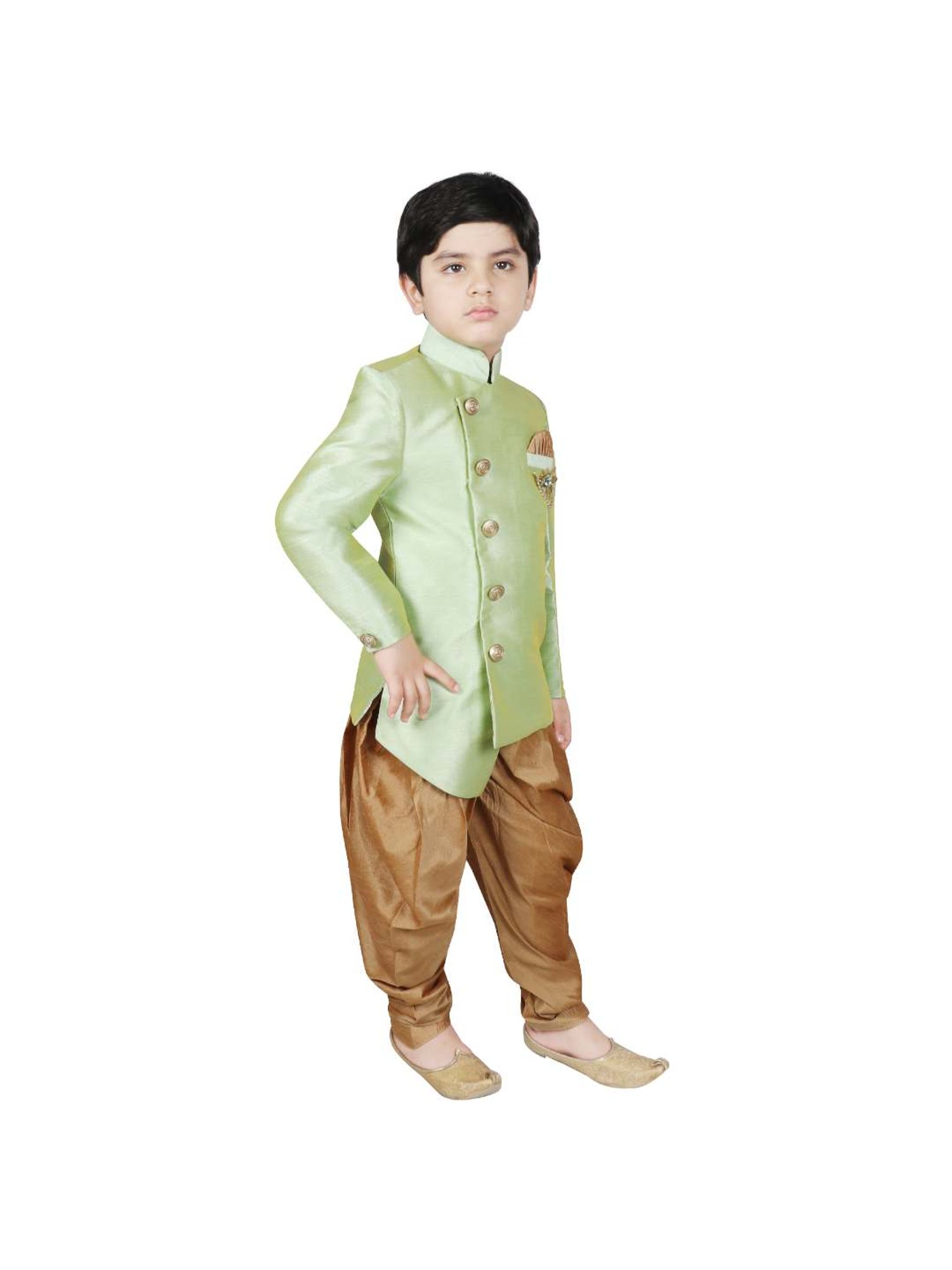 SG Yuvraj Kids Green & Brown Solid Sherwani with Pyjama