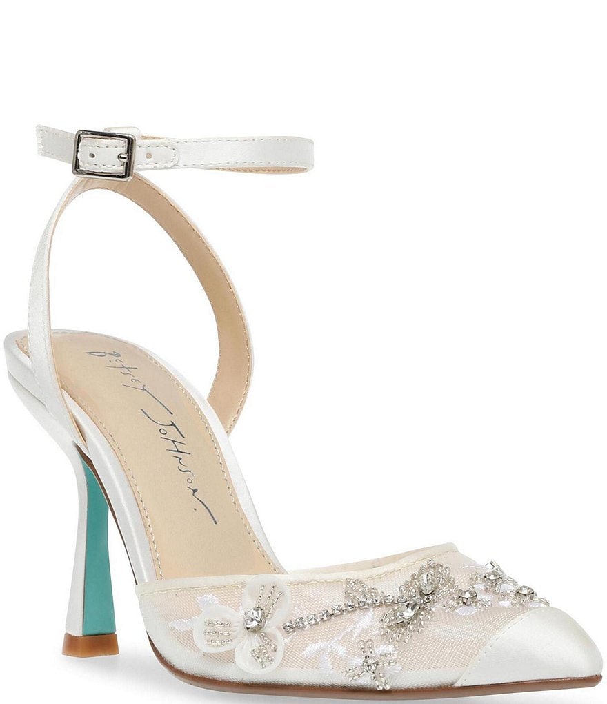 Blue by Betsey Johnson Zola Rhinestone Beaded Floral Applique Ankle Strap Dress Pumps