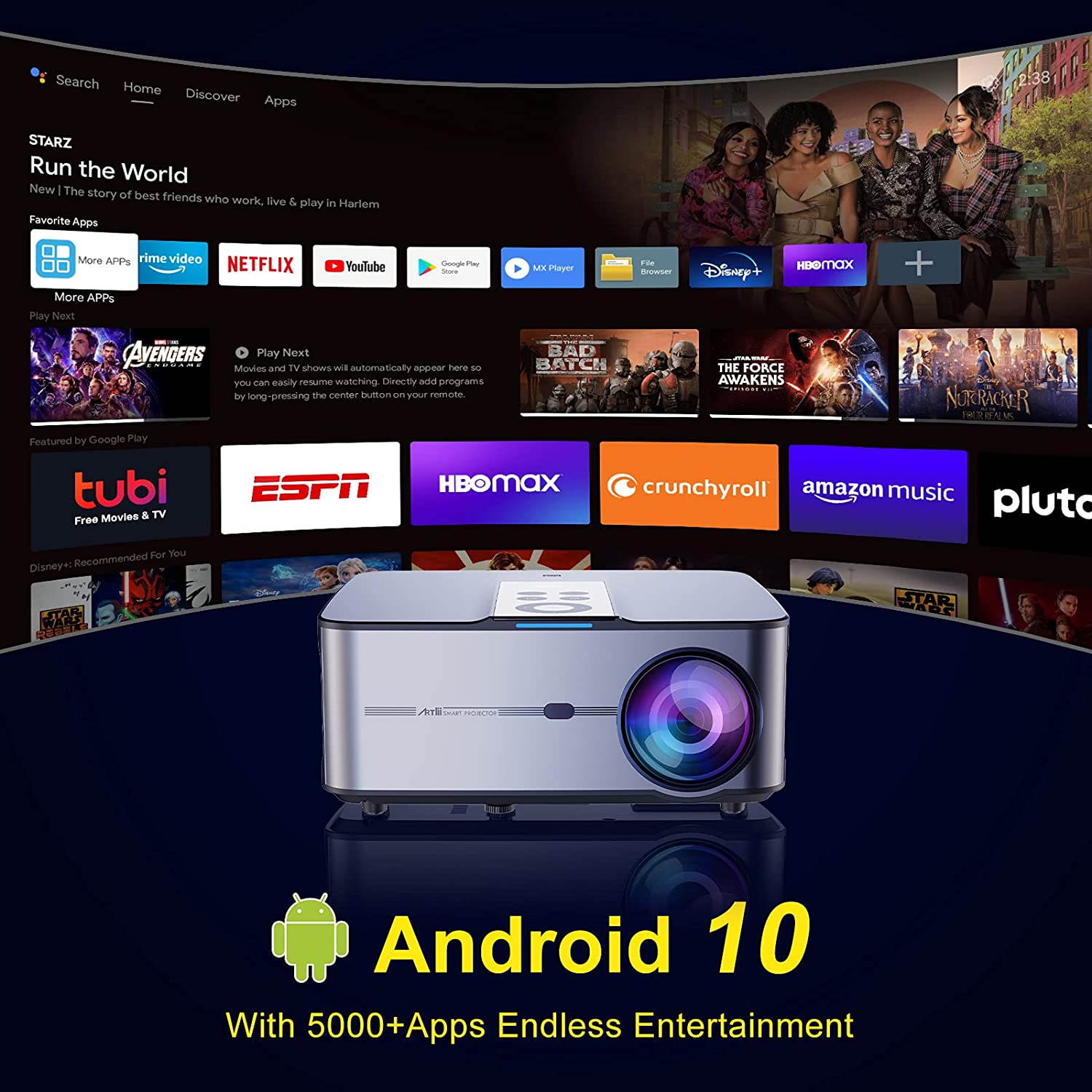 Artlii Play3 Smart Projector 340 ANSI with Android 10 System, Google Voice Assistant, 5G WiFi and Bluetooth Projector 1080P Support 4K, Outdoor Movie Projector, &plusmn;45&deg;4D Keystone Correction,Support AC-3