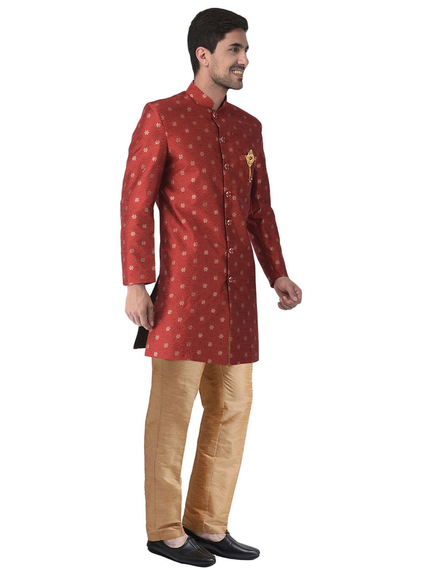 SG LEMAN Maroon Regular Fit Printed Sherwani And Pant Set