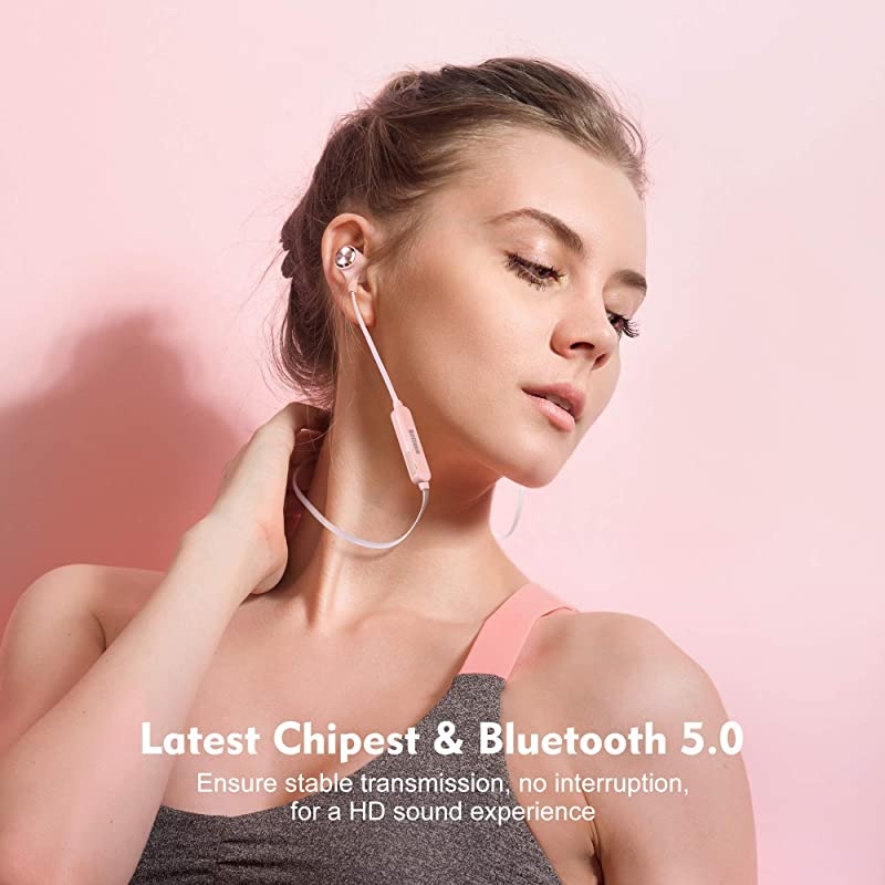 Wireless Headphones Bluetooth V50 IPX7 Waterproof 16 Hours Playtime Bluetooth Headphones with Magnetic Connection Sports Earbuds for Running Builtin Mic Pink BTBH001