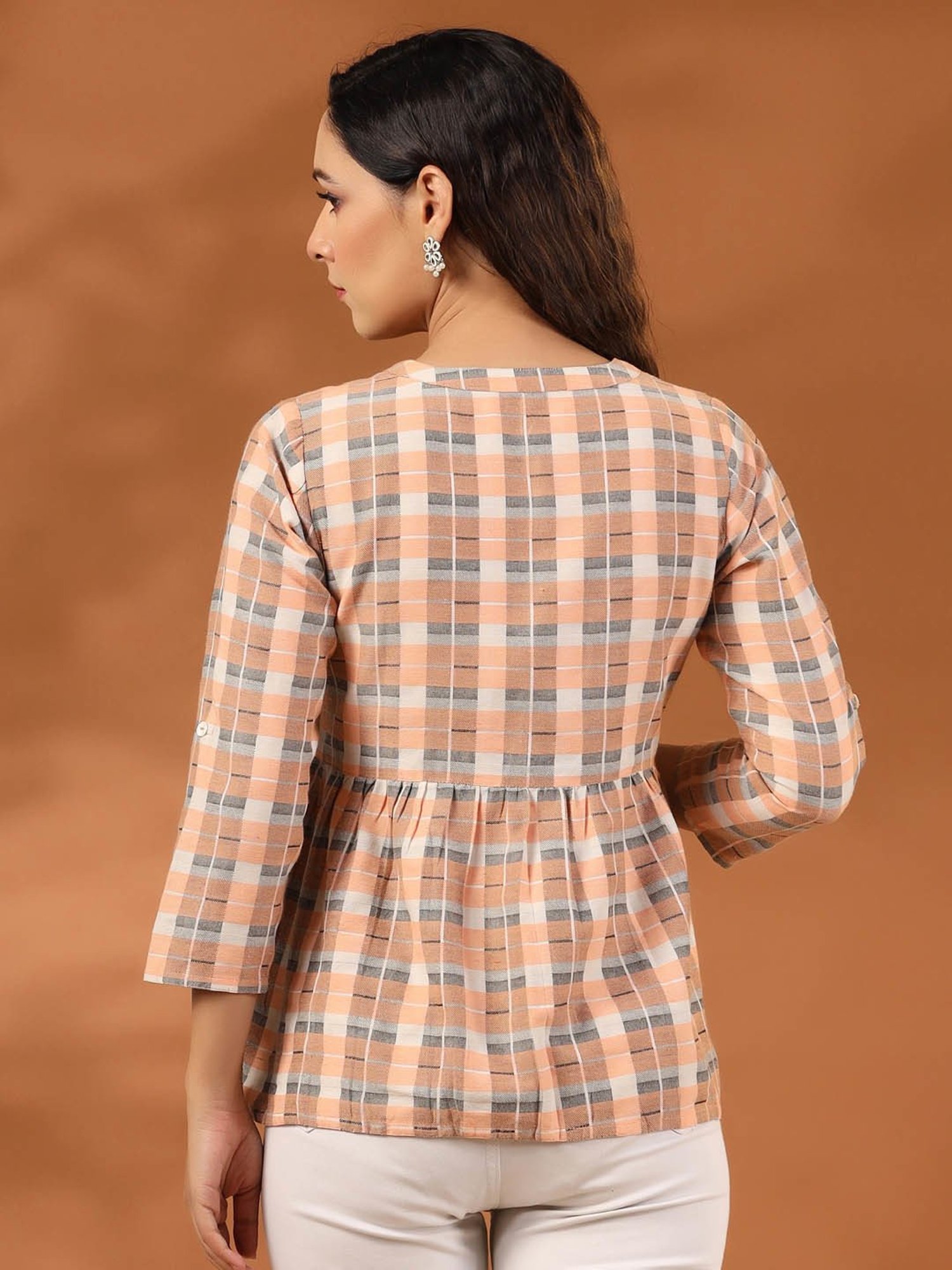 Jaipur Kurti Peach Check Peplum Top