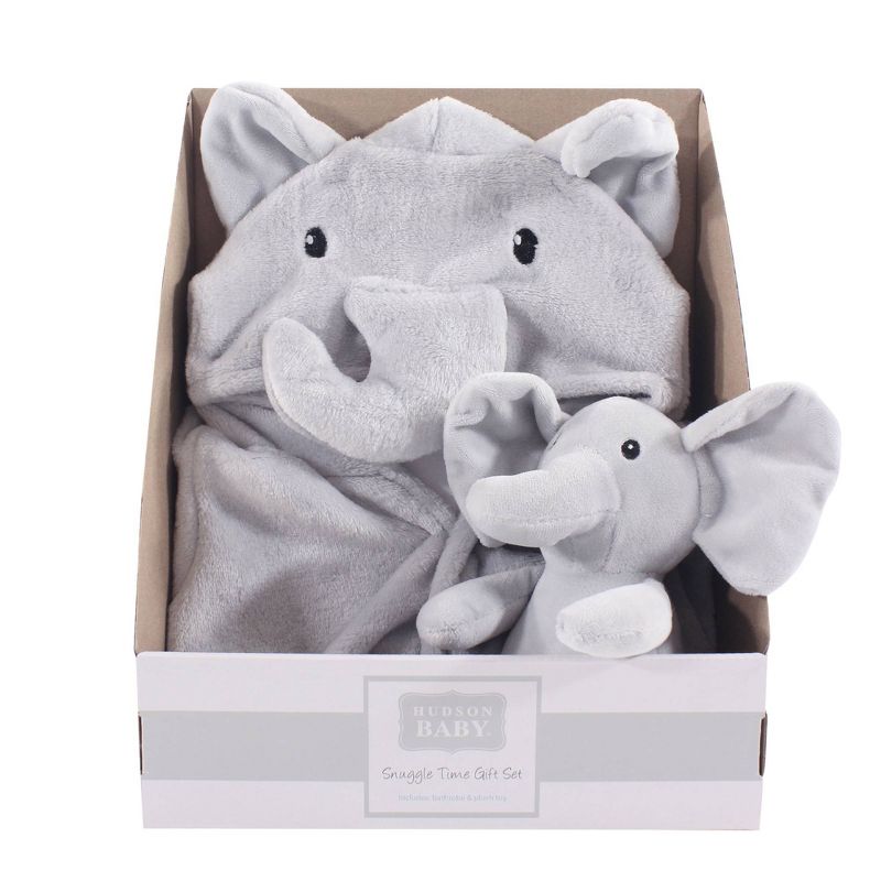 Hudson Baby Elephant Snuggle Time Box Bath Wraps Set - Gray 0-9M