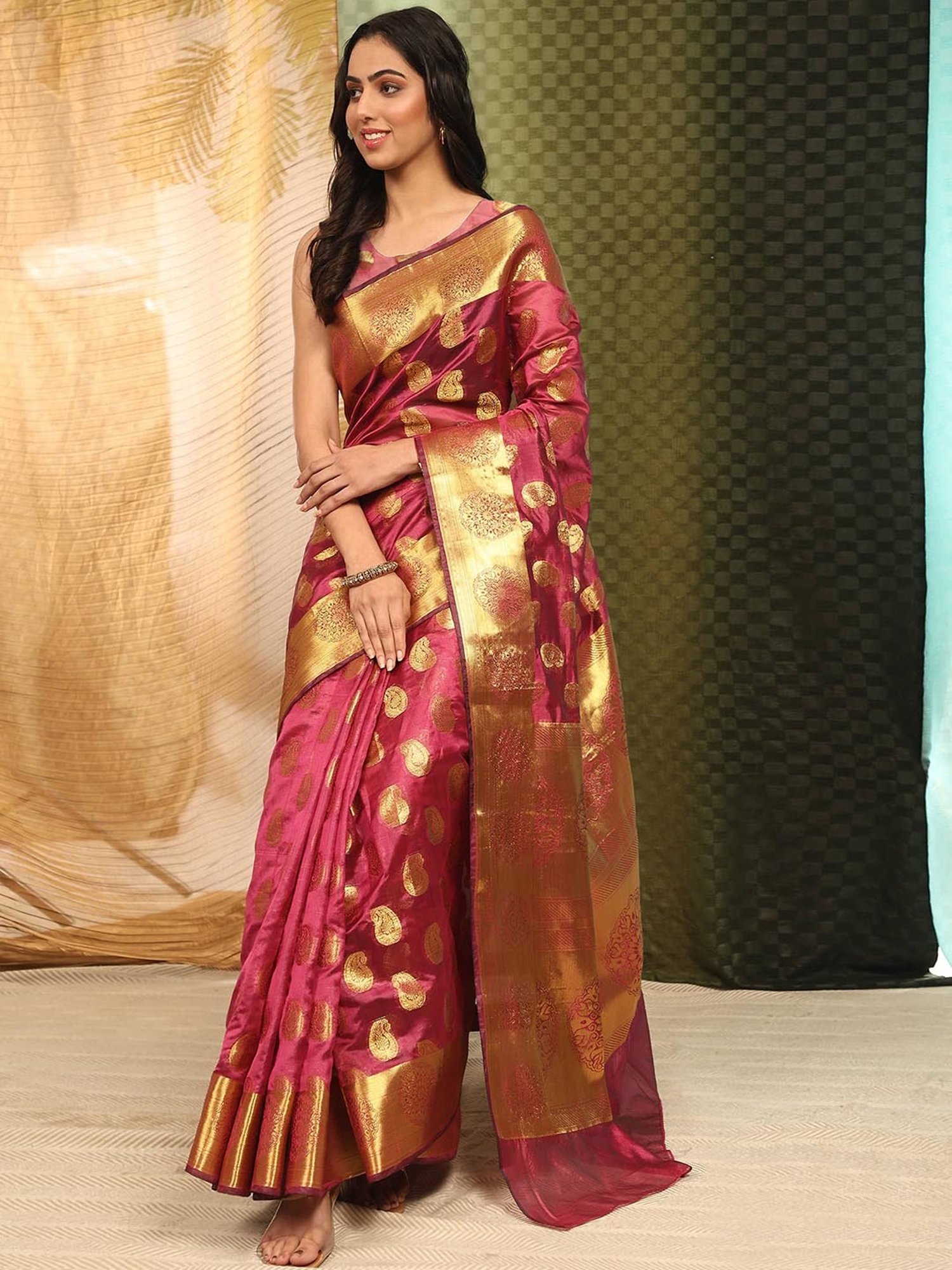 Silk Land Banarasi Silk Pink Woven Saree With Blouse