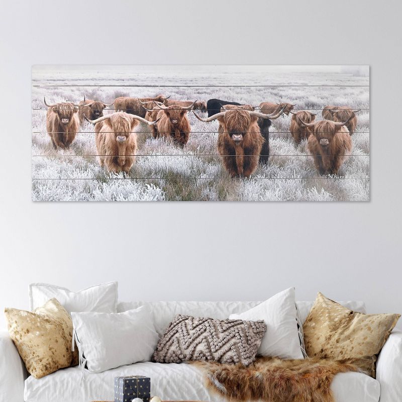 19" x 45" Highland Herd Print on Planked Wood Wall Sign Panel Brown - Gallery 57