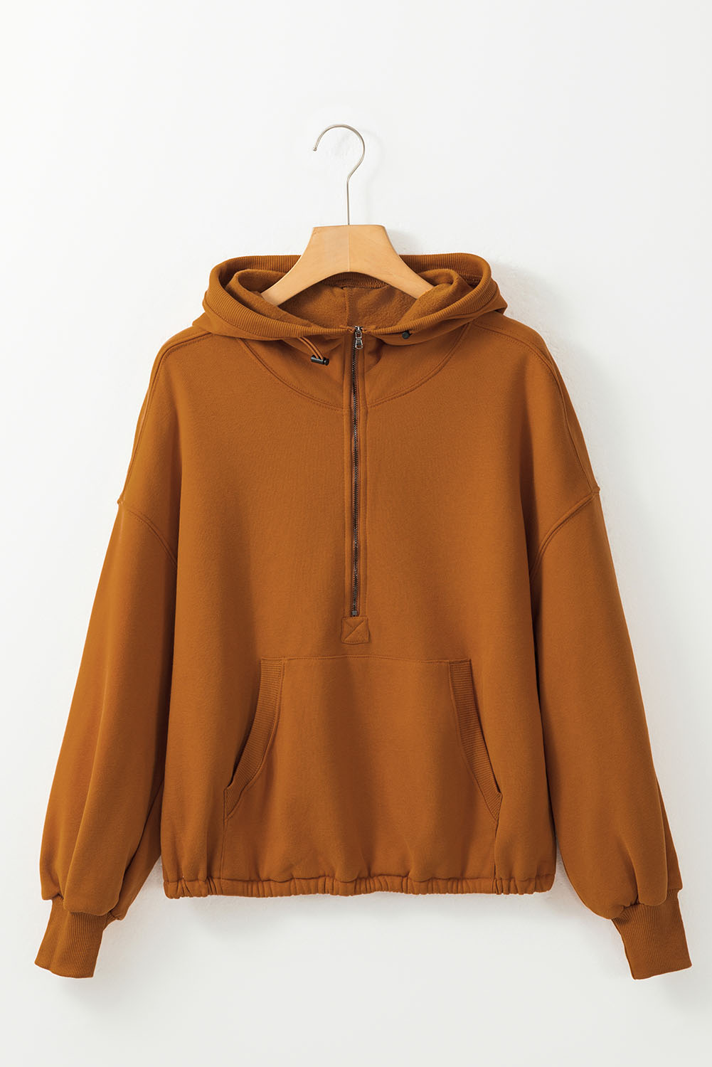Brown Half Zip Pullover Hoodie with Kangaroo Pocket