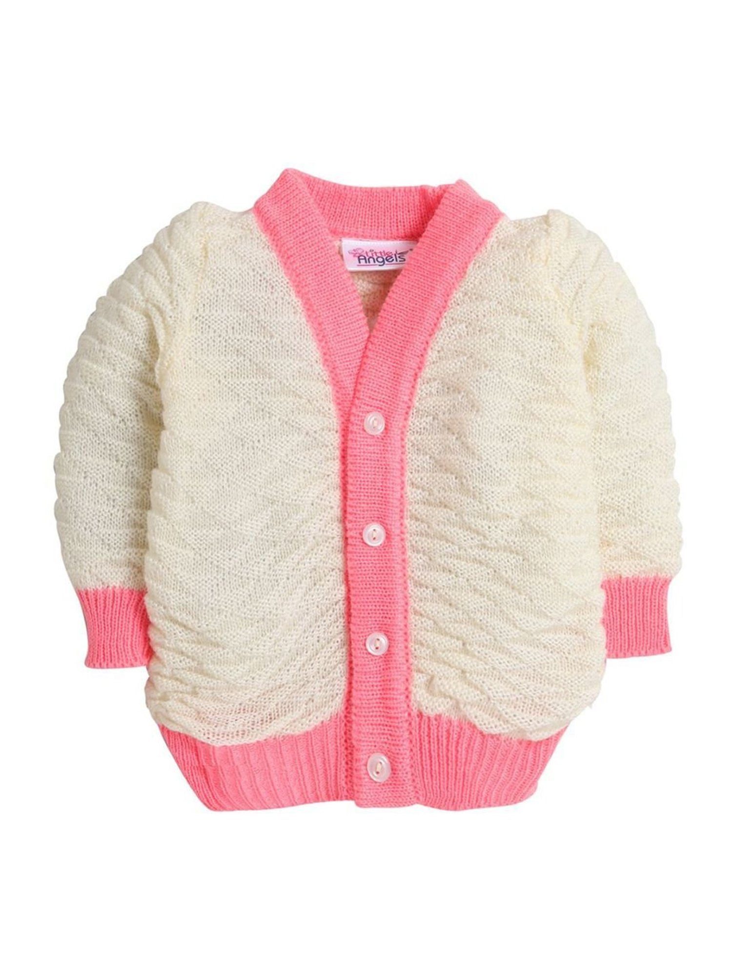 Little Angels Kids Cream & Pink Textured Pattern Full Sleeves Sweater Set