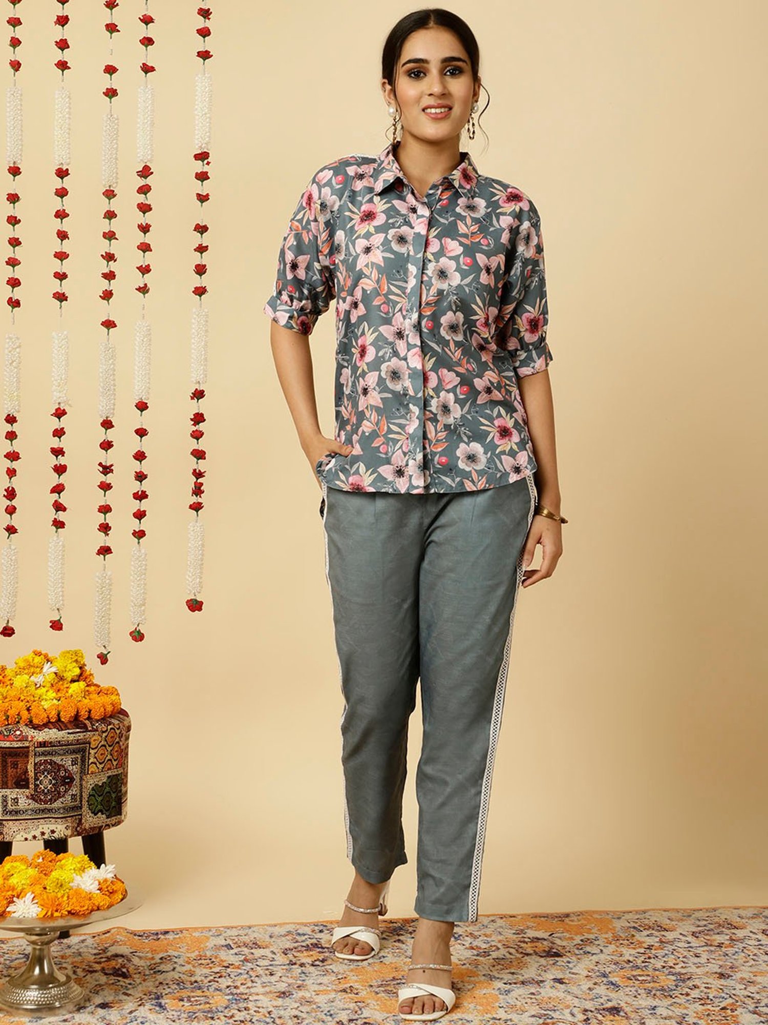 Jaipur Kurti Grey Floral Print Shirt & Pant Set