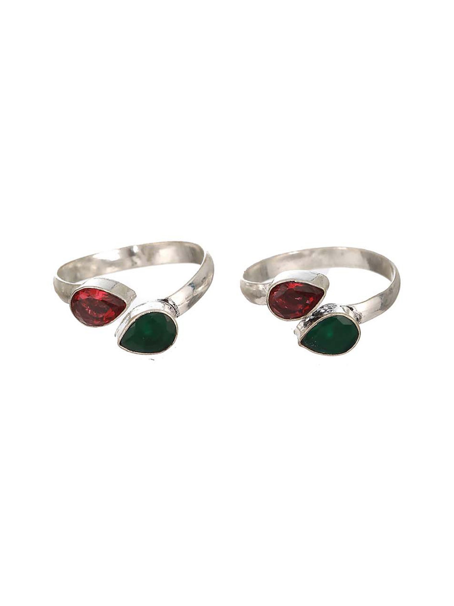 Saraf RS Jewellery Silver Toned Red & Green Stone Studded Adjustable Toe Rings - Set of 2