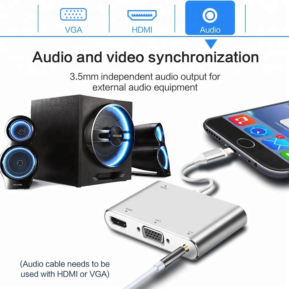 for iPhone iPad Turn HDMI TV Projector VGA 1080p HD Video Adapter with Same Screen, 8 Pin to HDMI + VGA + Audio Adapter for Apple Device, 8Pin to HDMI VGA Audio HUB.