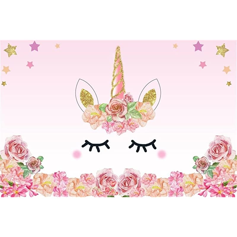 7x5FT Vinyl Backdrop Pink Unicorn Party Photography Background Roses Flowers Edge Pattern Sweet Cute Gold Star Background Birthday Baby Shower Ifant Toddlers Girls Photo Backdrop Studio Props