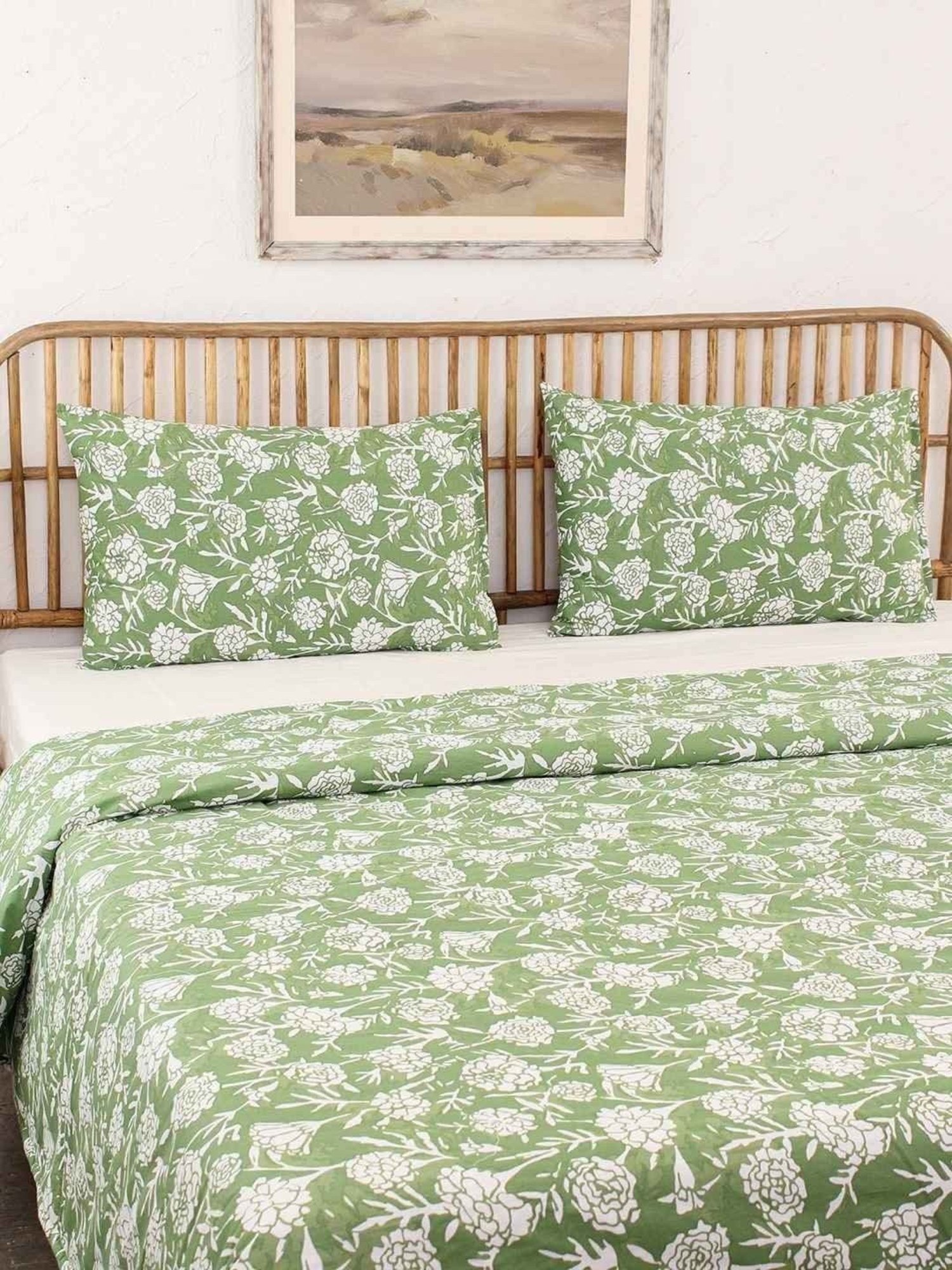 House This Genda Phool Green & White Cotton 144 TC Single Duvet Cover