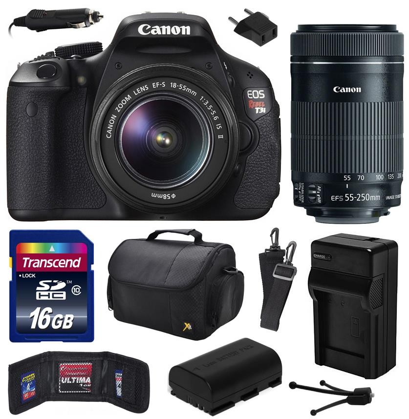 Canon EOS Rebel T3i Digital SLR Camera with EF-S 18-55mm f/3.5-5.6 IS and EF-S 55-250mm f/4-5.6 IS STM Lens 16GB Memory, Large Case, Extra Battery, Travel Charger, Card Wallet, Cleaning Kit 5169B003