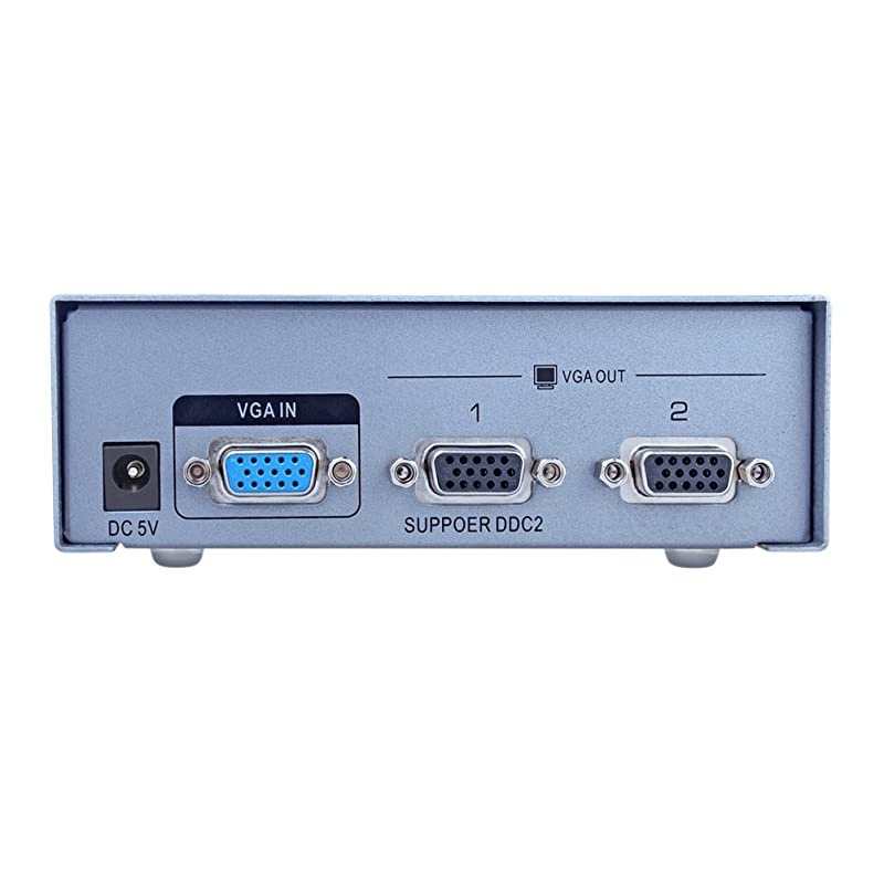 Powered VGA Splitter 1 in 2 out Video Distribution Box Signal Copy with Power Adapter 500MHz High Resolution 1080p
