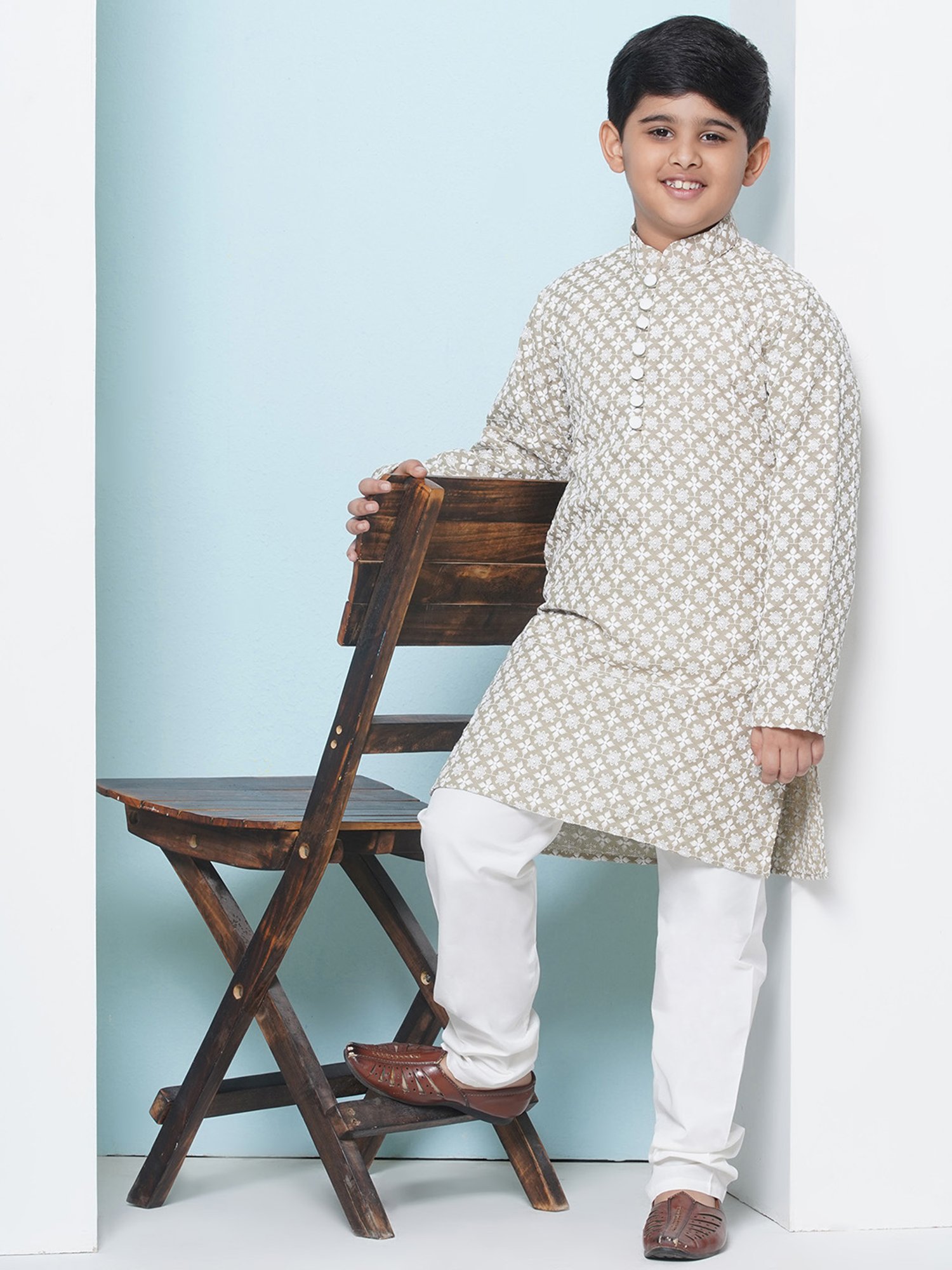 AJ Dezines Kids Light Brown & White Embroidered Full Sleeves Kurta with Pyjamas