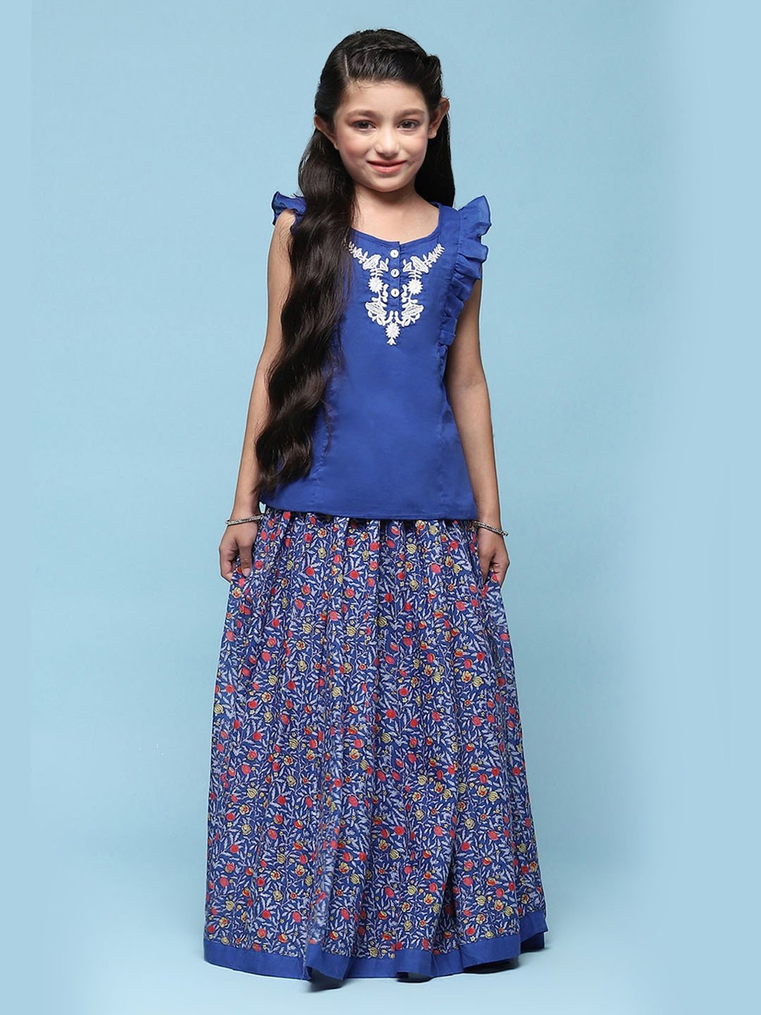 Biba Girls Blue Cotton Embroidered Casual Top and Tees