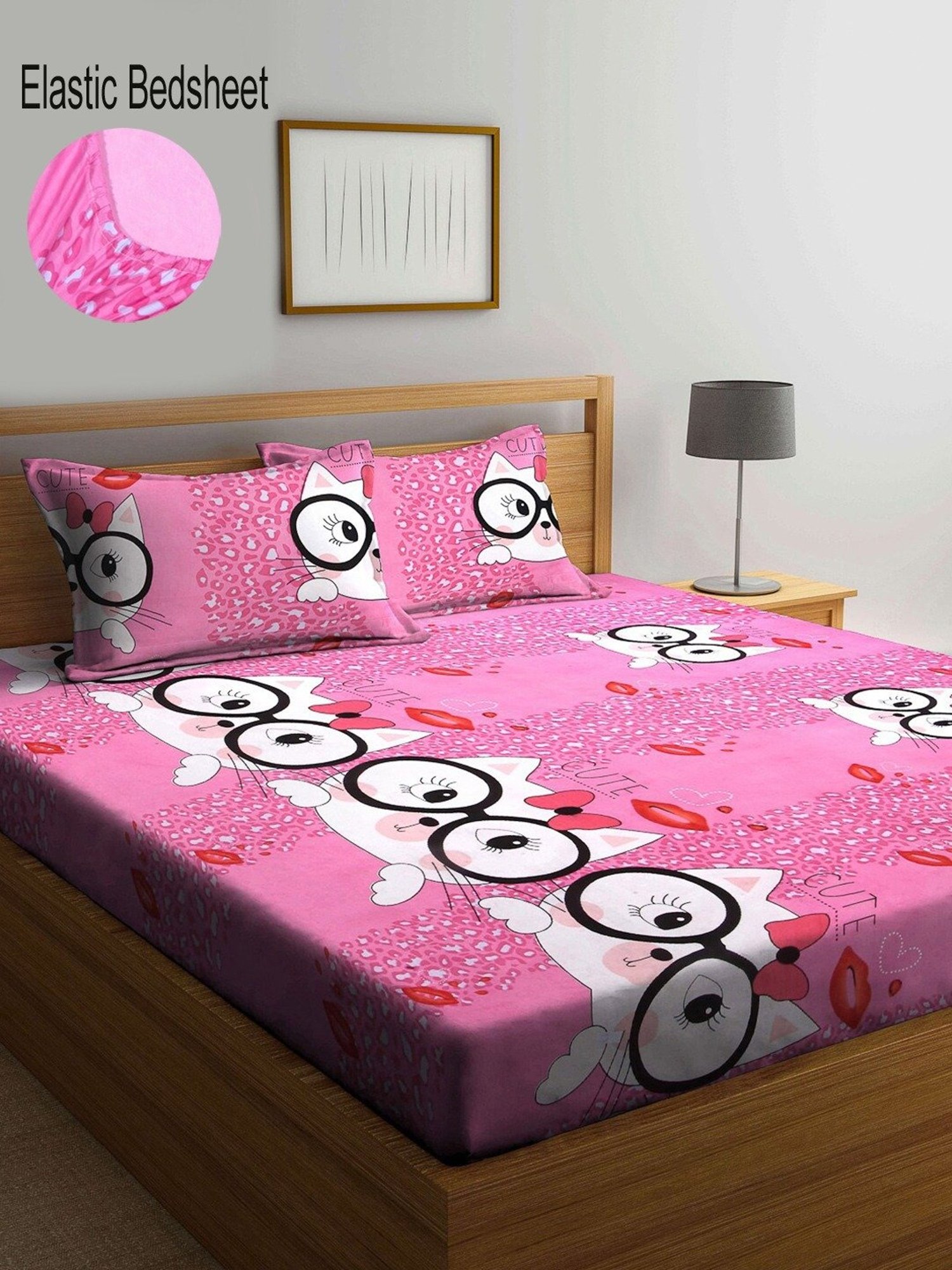 Klotthe Character based Pink 300 TC Cotton King Bedsheet with 2 Pillow Covers