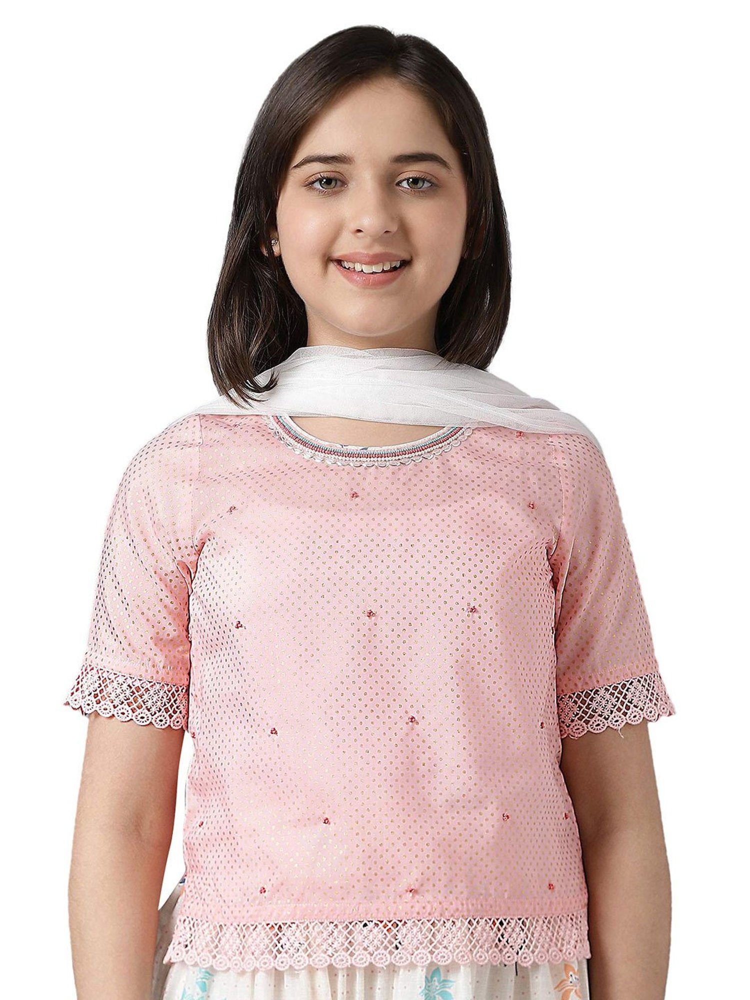 Aurelia Kids Pink & White Printed Top with Skirt & Dupatta