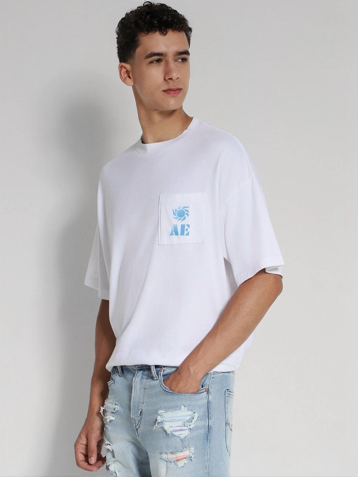 American Eagle White Cotton Oversized Fit Printed T-Shirt