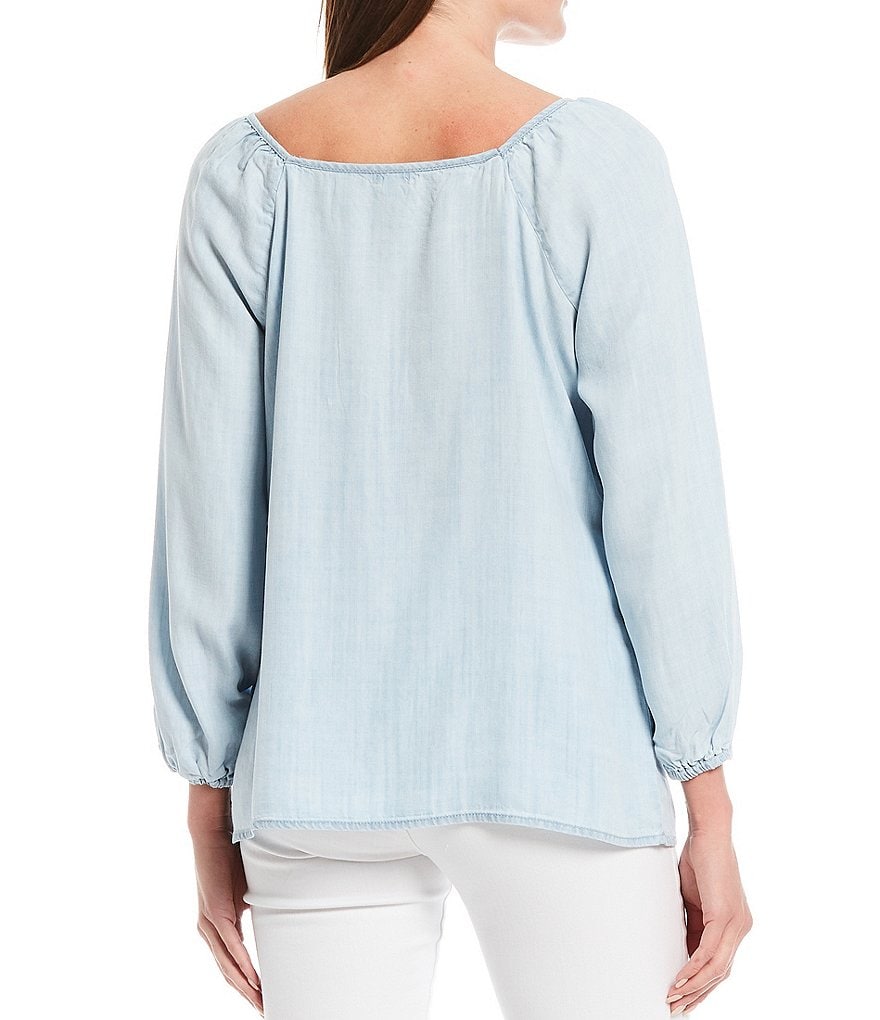 Reba Chambray Square Neck 3/4 Blouson Sleeve Peasant Top