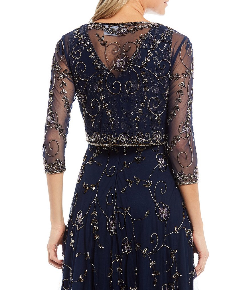 Jkara Chiffon Popover Beaded V-Neck 3/4 Capelet Sleeve Gown