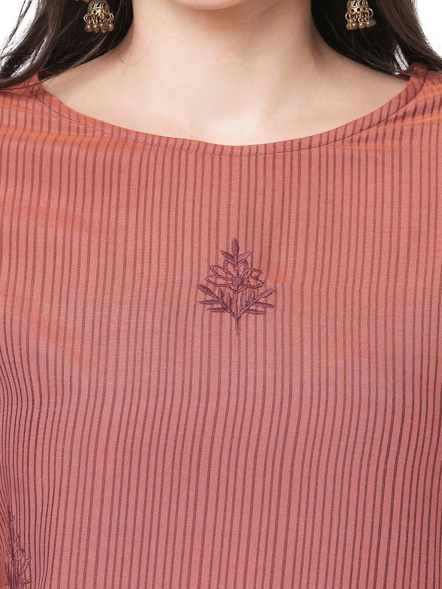 Fusion Beats Brick Red A Line Striped Kurta