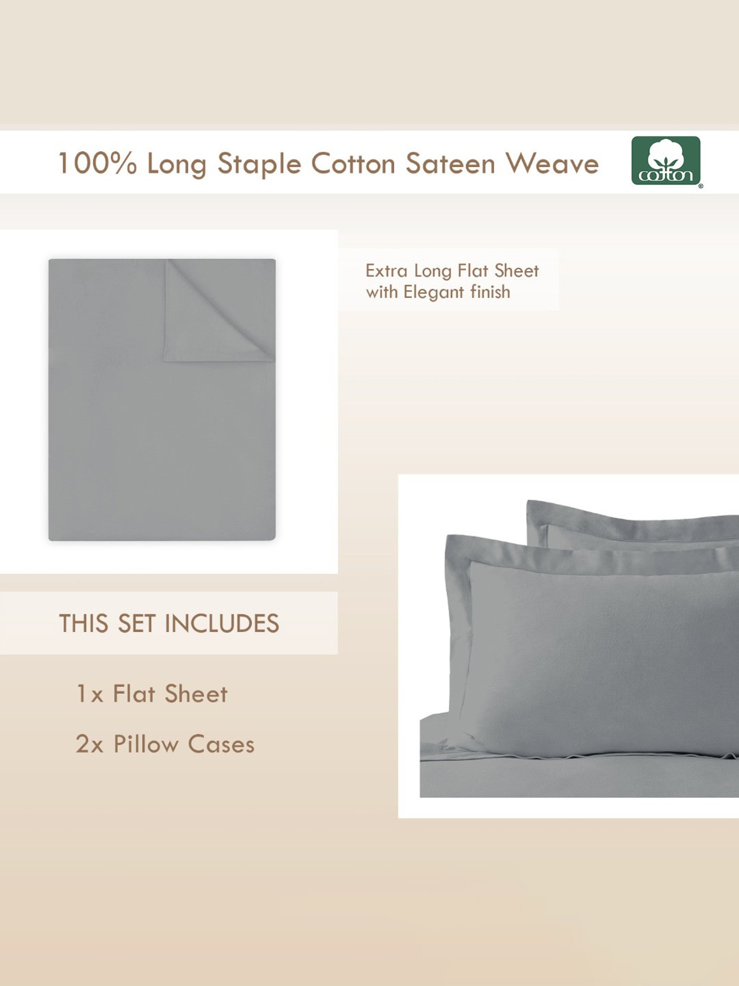 Pizuna Natural Grey 400 TC Cotton King Bed Sheet with 2 Pillow Covers