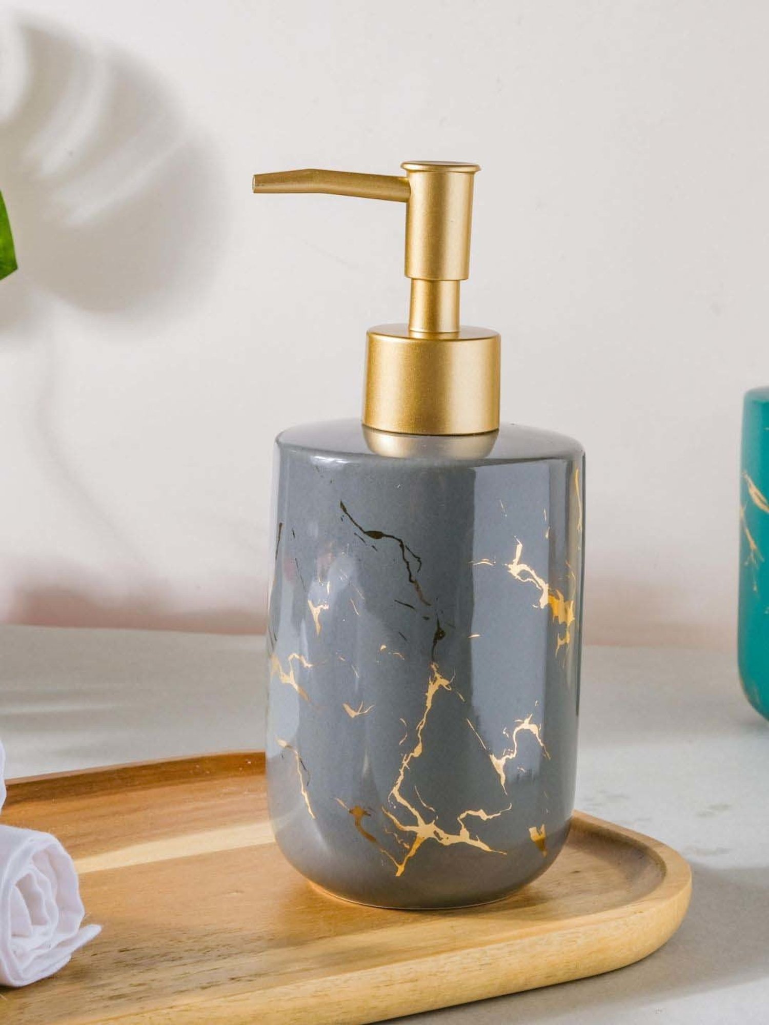 Nestasia Premium Quality Grey With Golden Splash Soap Dispenser With Metal Nozzle (300 ml)