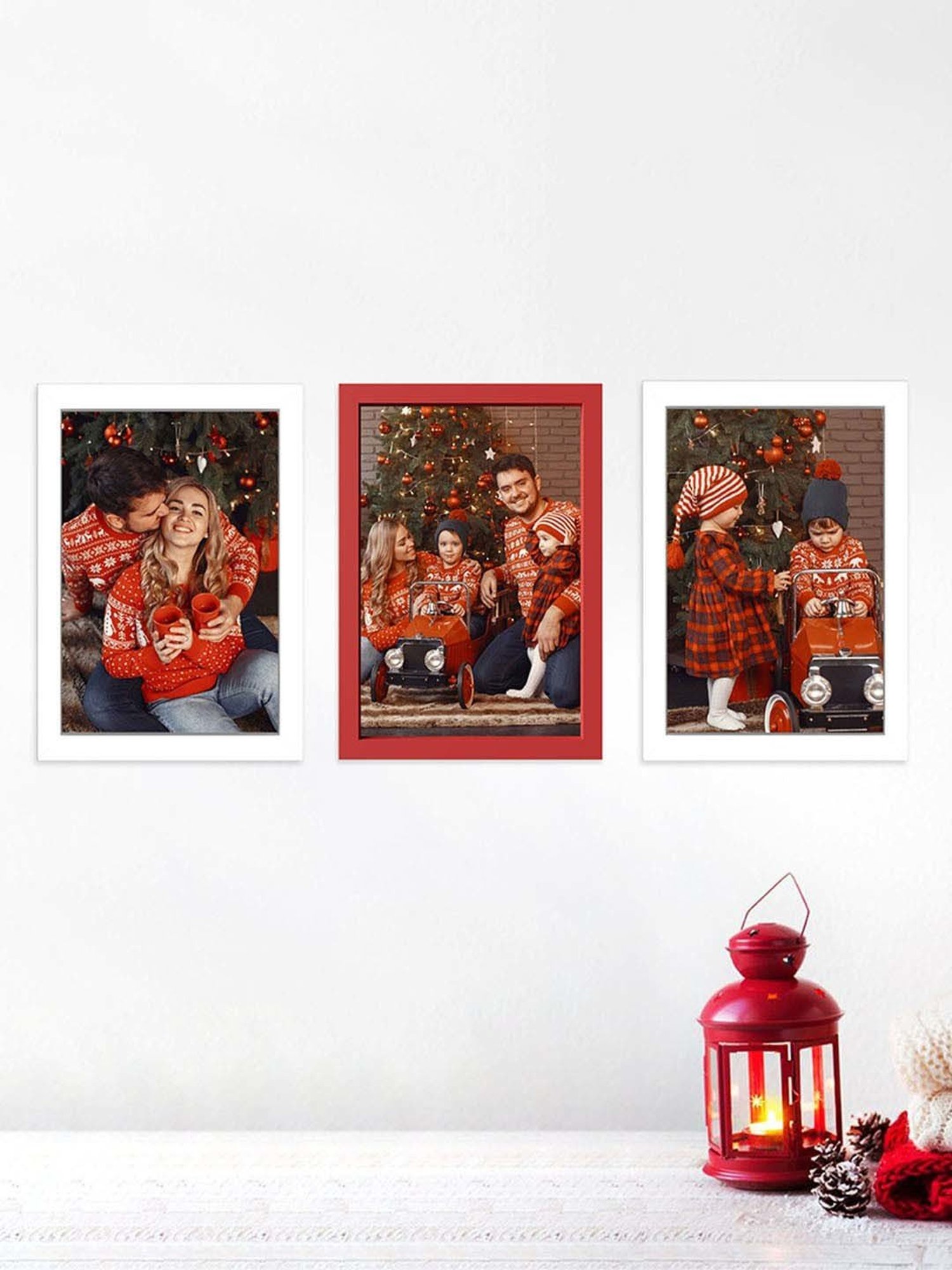 Art Street Red & White Synthetic Wall Mounted Collage Photoframe - Set of 3