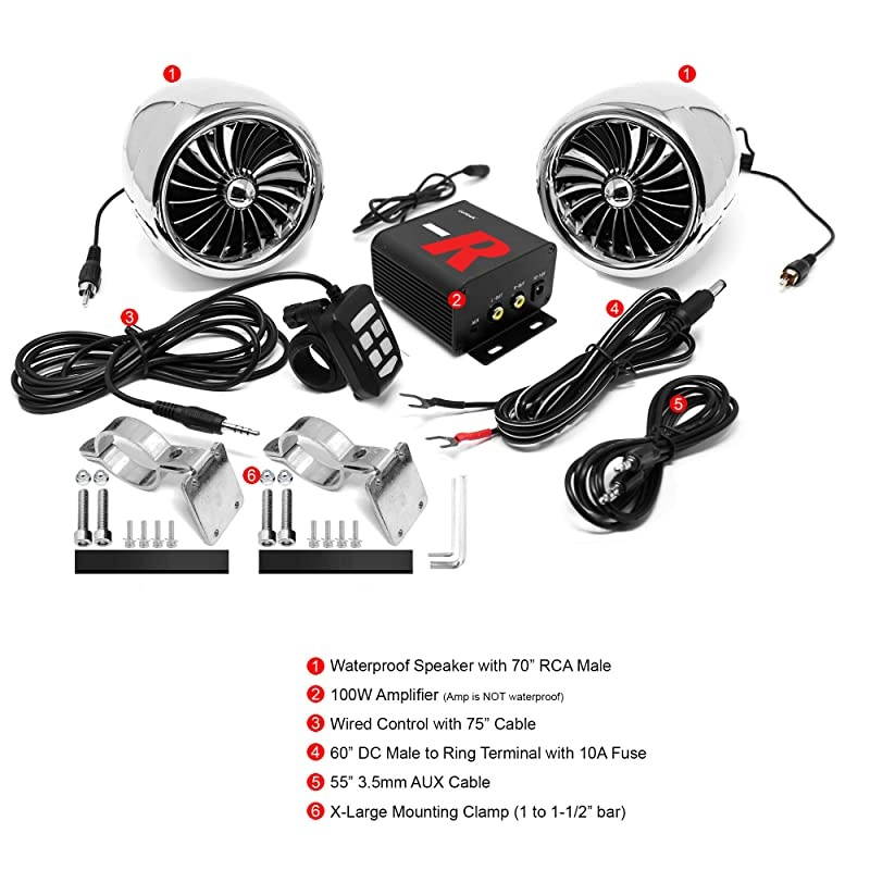 TN4-R Amplifier 4" Full Range Waterproof Bluetooth Motorcycle Stereo Speakers 1 to 1.5 in. Handlebar Mount Audio Amp System Harley Touring Cruiser ATV UTV RZR, AUX, FM Radio (TN4-R Chrome)