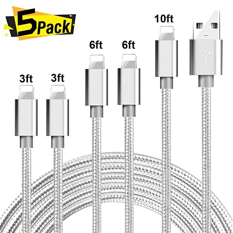 iPhone Charger, MFi Certified 5 Pack[3/3/6/6/10FT] USB Lightning Cable Nylon Braided Charging Cord Compatible for iPhone X/Max/12/11/8/7/6/6S/5/5S/SE/Plus/iPad - Silver