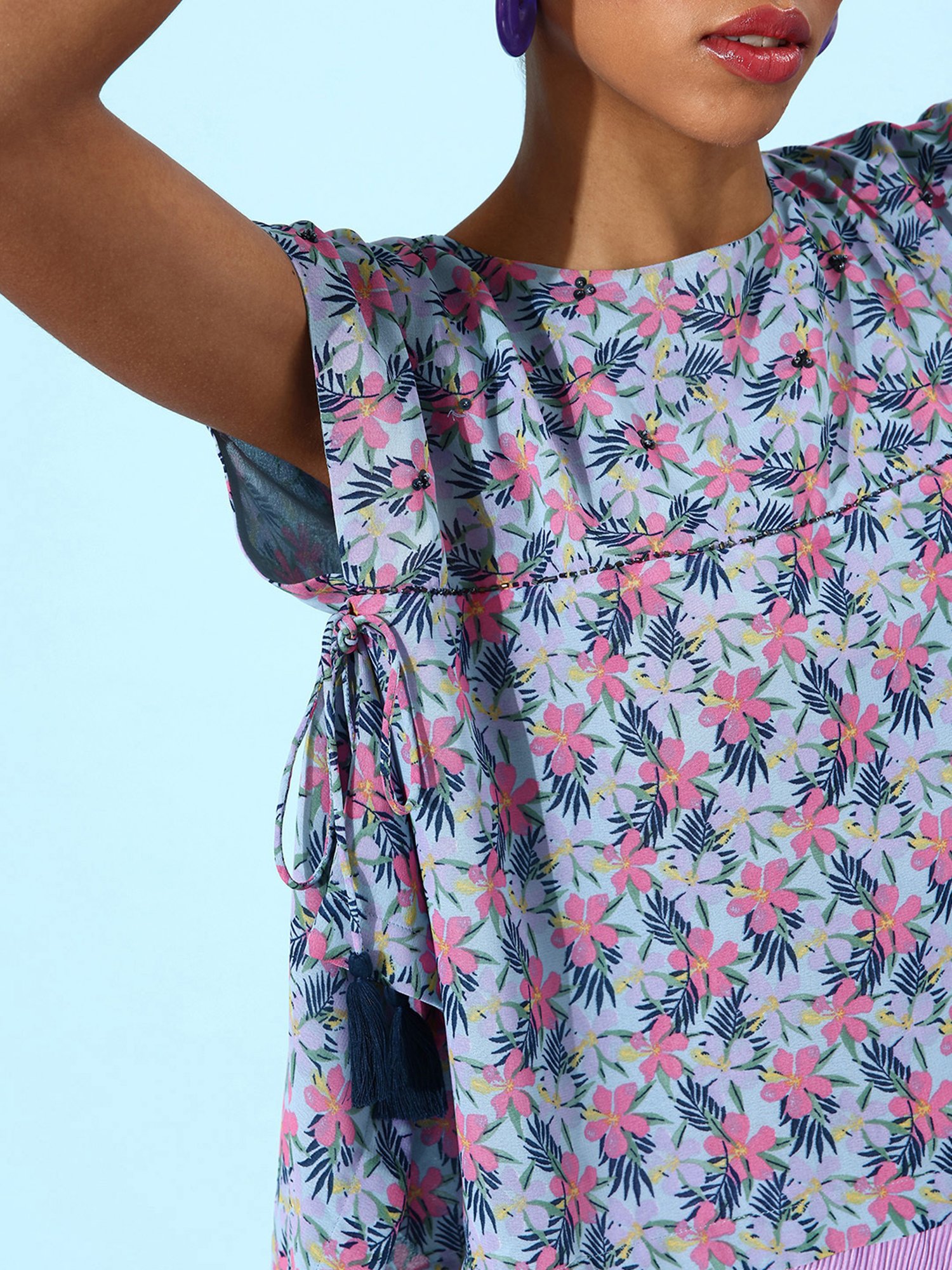 QUIERO Blue & Pink Floral Print Top