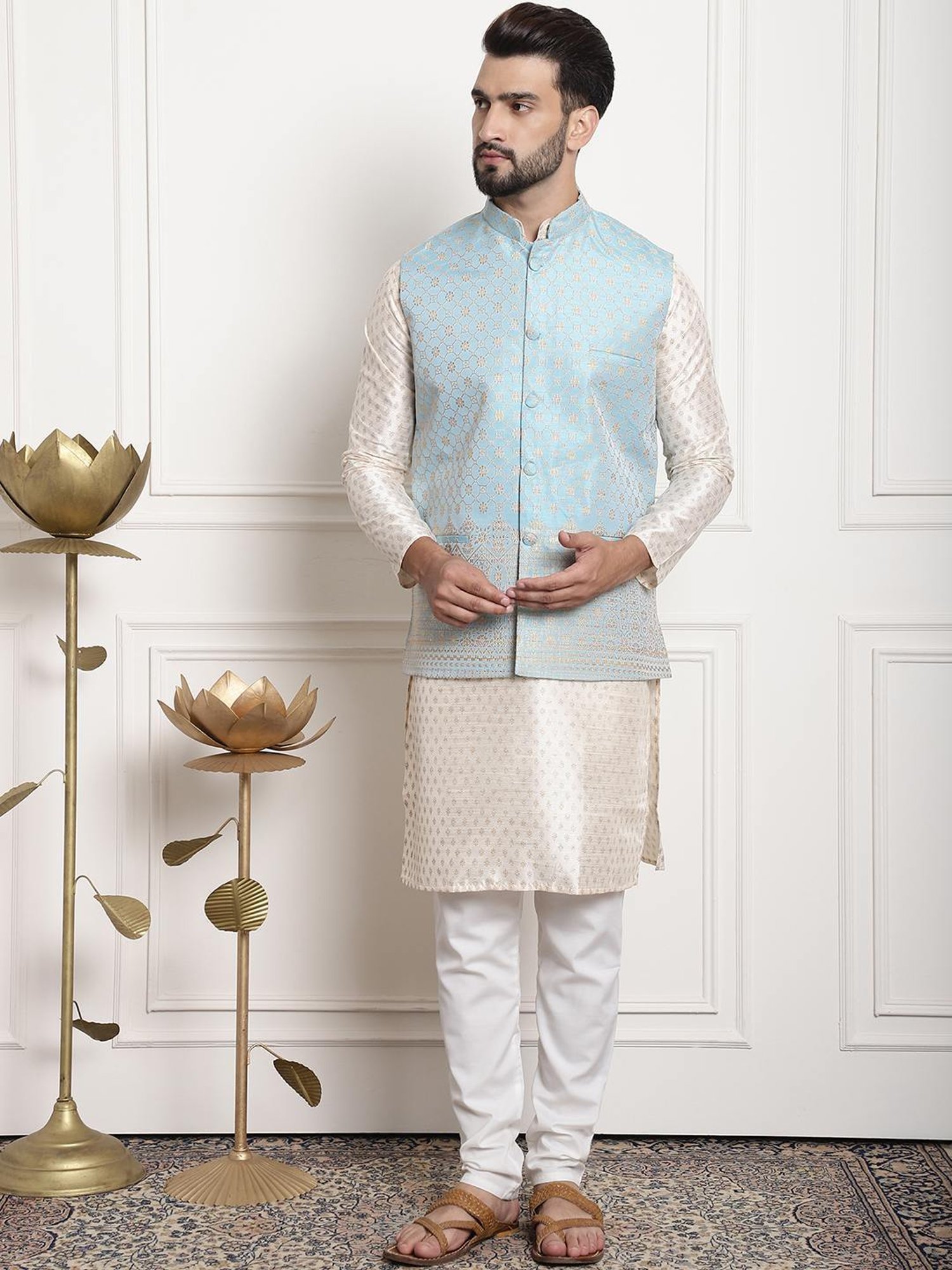Sojanya Sky Blue Regular Fit Jacqard Nehru Jacket