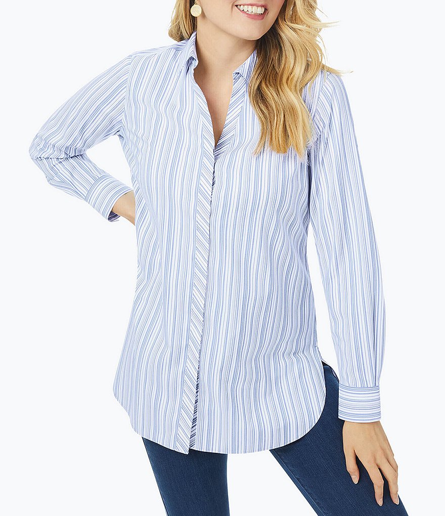 Foxcroft Plus Size Vera Point Collar Neck Long Sleeve Striped Shirt