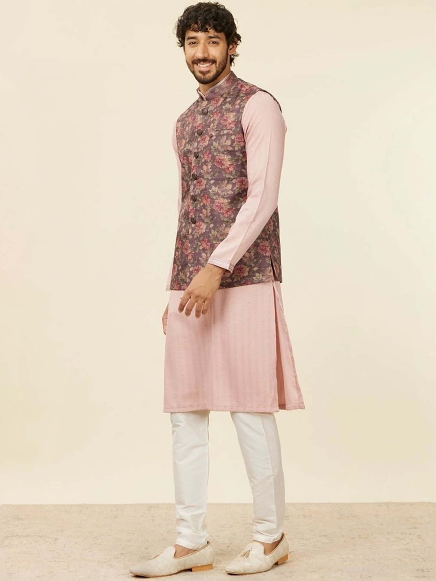 Manyavar Wine Regular Fit Printed Nehru Jacket