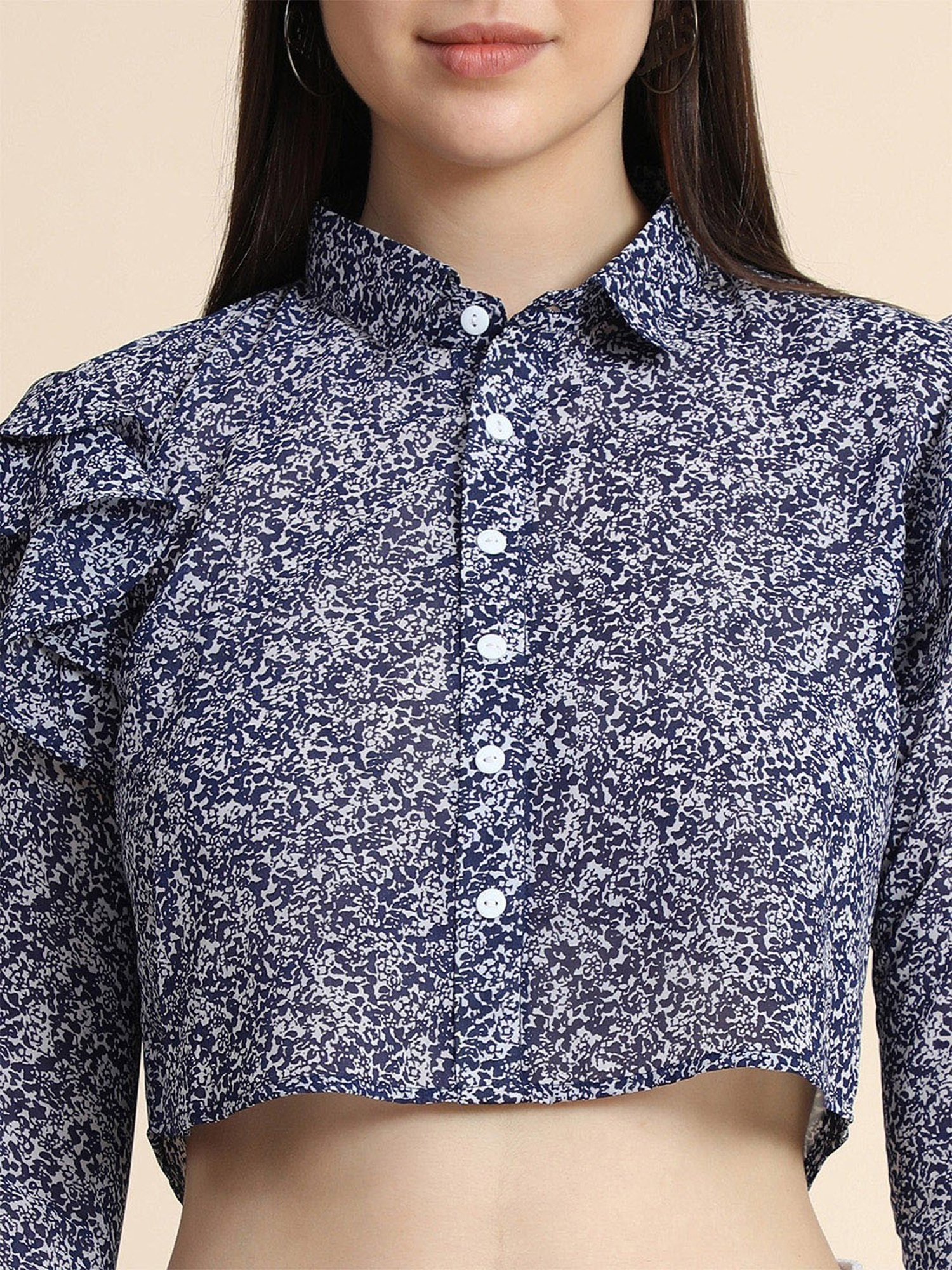 KERI PERRY White & Navy Printed Crop Top