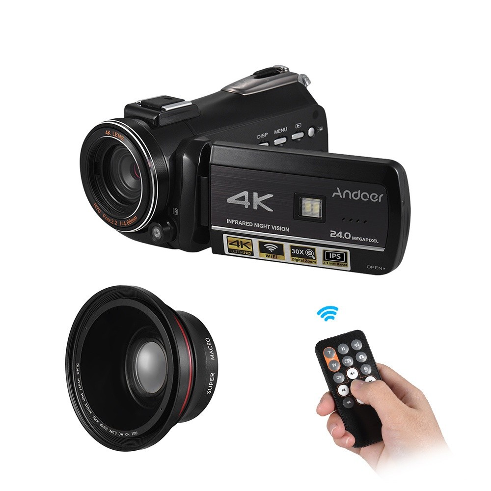 Andoer AC3 4K UHD 24MP Digital Video Camera Camcorder DV Recorder 30X Zoom WiFi Connection IR Night Vision 3.1 Inch IPS LCD Touchscreen Hot Shoe Mount with 2pcs Rechargeable Batteries + Extra 0.39X