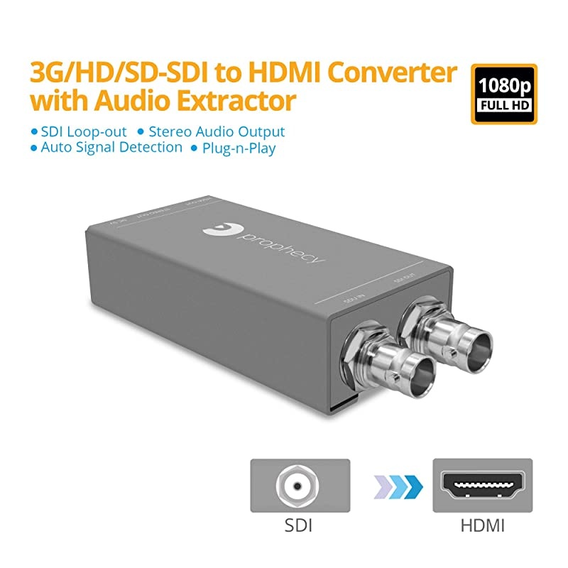 Prophecy SDI to HDMI Converter Adapter with Audio Extractor &ndash; 3G-SDI/HD-SDI/SD-SDI Auto Format Detection, Stereo Audio Extraction Audio Splitter, SDI Loopout (Pro-SDIHDaud)