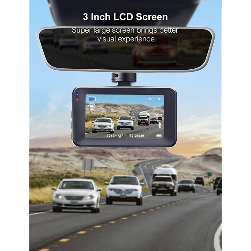 Dash Cam,  1080P Dash Camera for Cars 3&rdquo; LCD Screen Car Camera 170&deg; Wide Angle DVR Recorder with WDR, G-Sensor, Loop Recording and Motion Detection
