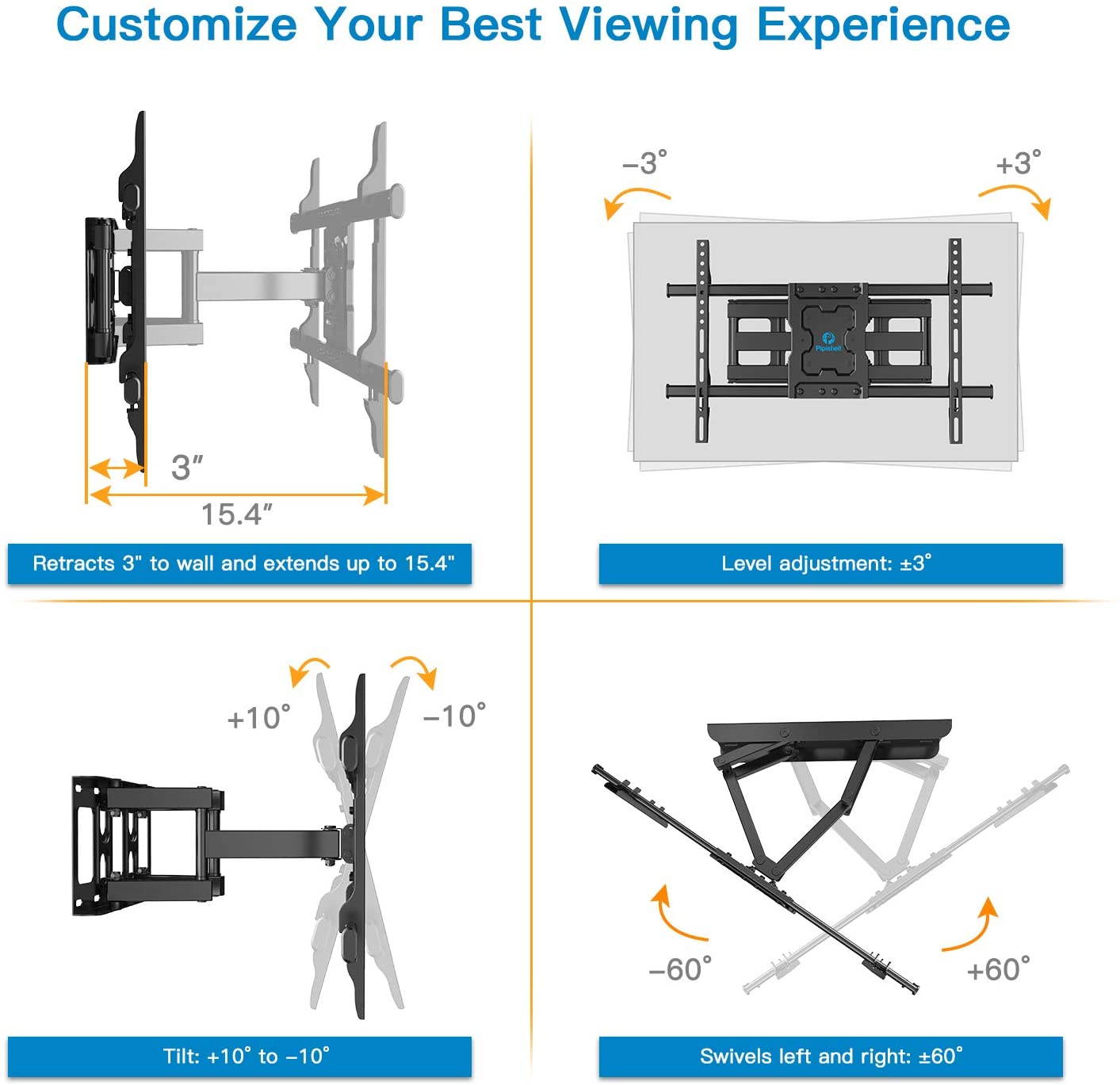Full Motion TV Wall Mount Bracket Dual Articulating Arms Swivels Tilts Rotation for Most 37-70 Inch LED, LCD, OLED Flat Curved TVs, Holds up to 132lbs, Max VESA 600x400mm