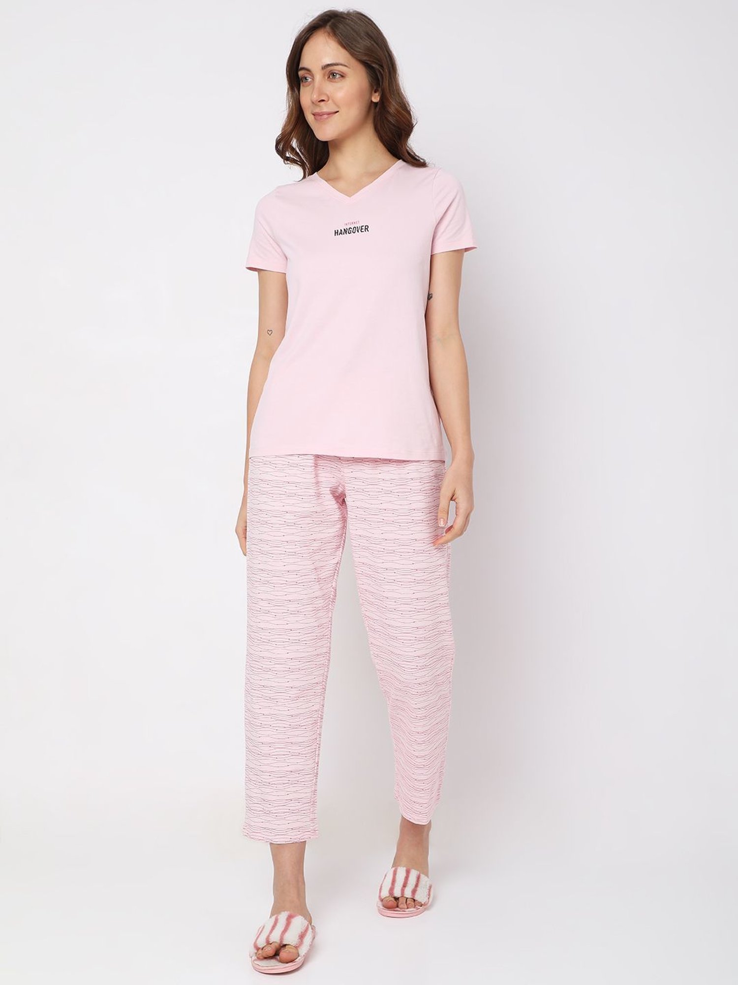 Vero Moda Intimates Pink Cotton Graphic Print T-Shirt With Pyjamas