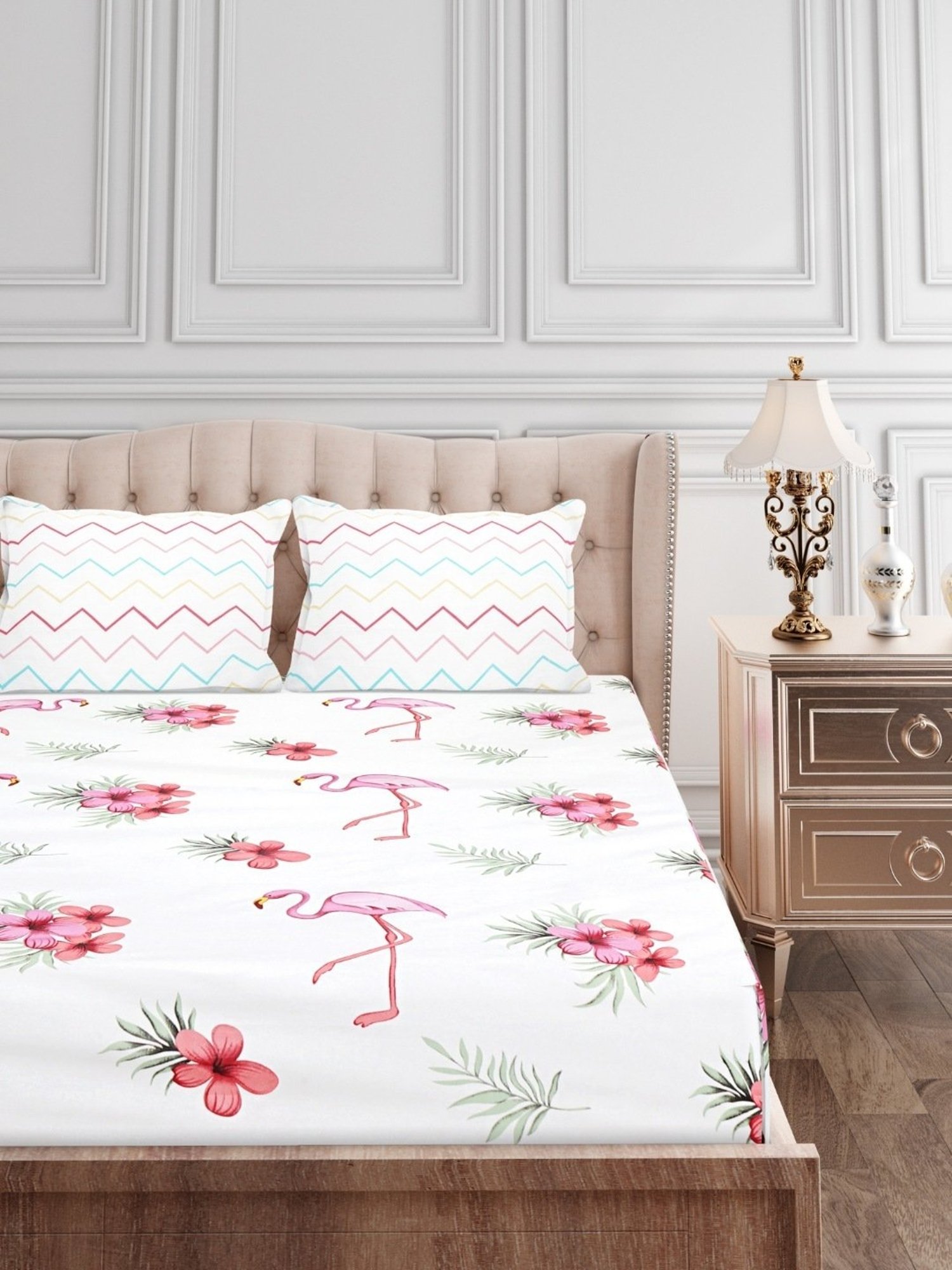 SEJ by Nisha Gupta Abstract Pink 160 TC Cotton King Bed Sheet with 2 Pillow Covers