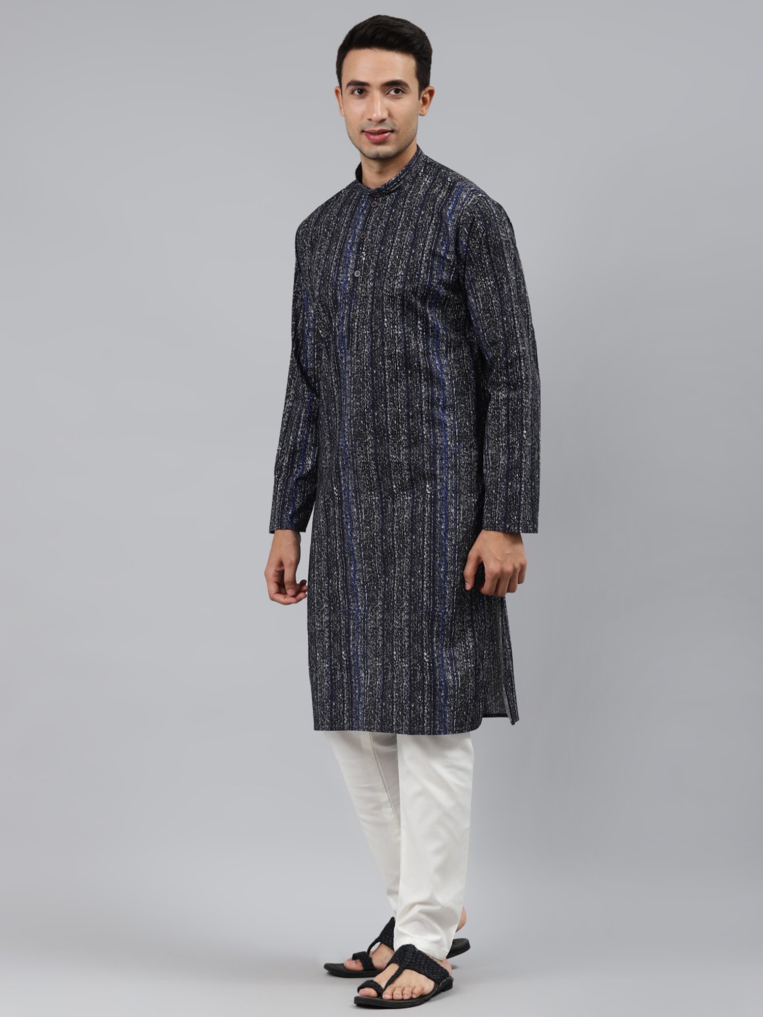 ManQ Black Regular Fit Printed Ethnic Wear