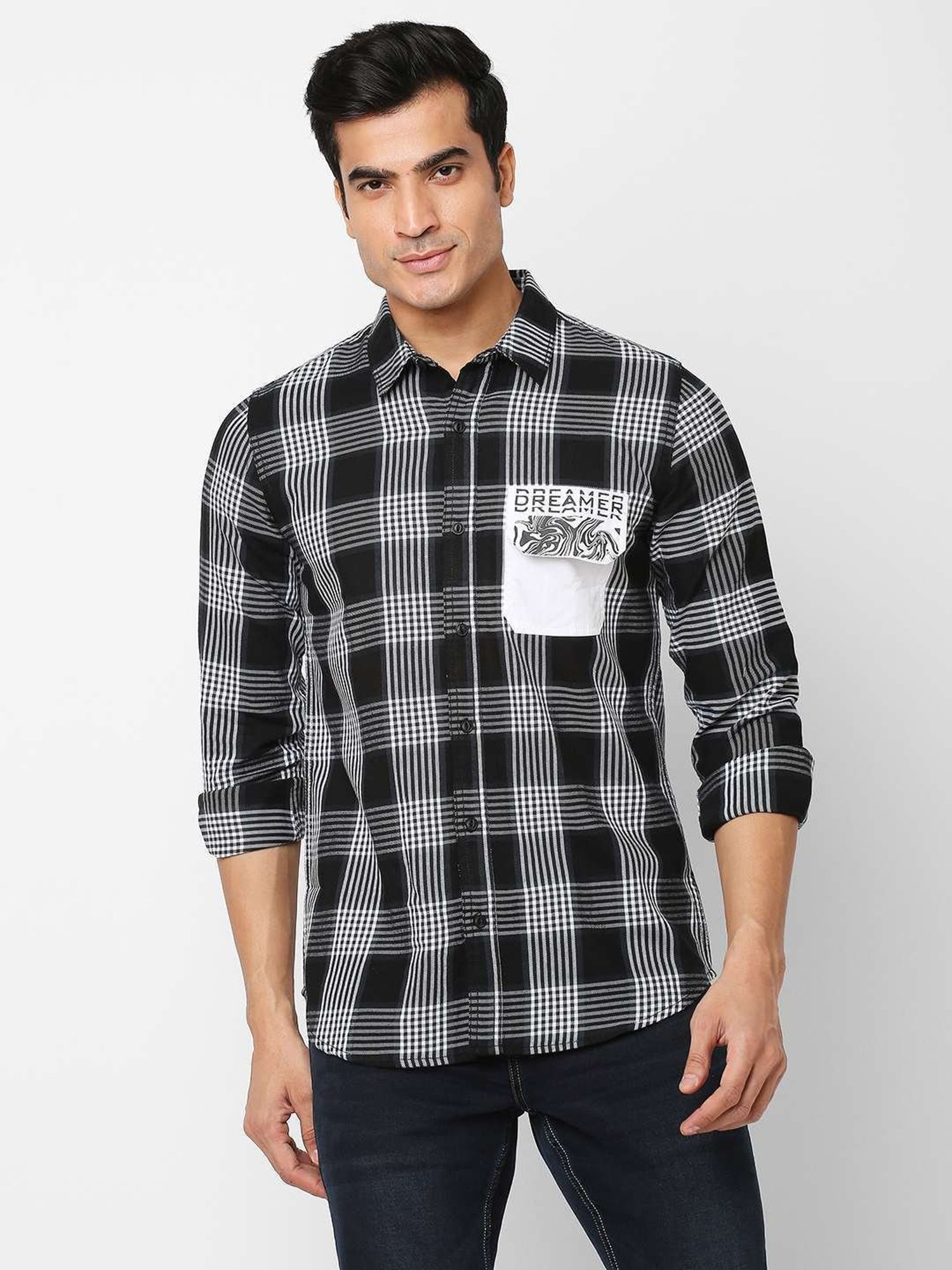 SOLEMIO Black & White Cotton Slim Fit Checks Shirt