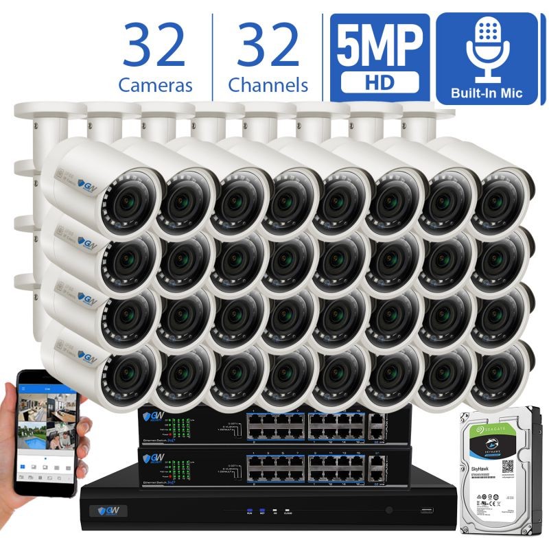 GW Smart AI PoE IP Video & Audio Security Camera System, 32CH 4K NVR with 24 x 5MP 1920P IP Bullet Camera, Day/Night Weather Proof, Human Detection, 8TB