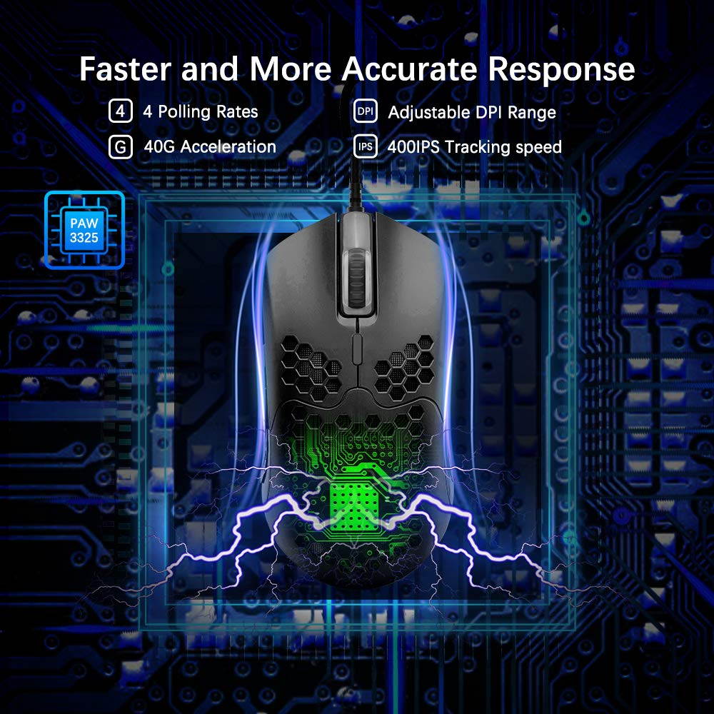 Lightweight Wired Gaming Mouse with 7 Button 26RGB Backlit Programmable Driver PAW3325 12000 DPI Optical Sensor Ultralight Ergonomic 65G Honeycomb Shell Ultraweave Cable for PC Xbox PS4 Gamer