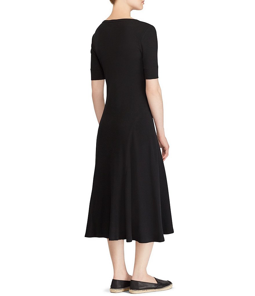 Lauren Ralph Lauren Waffle Knit Ribbed Henley Neck Elbow Sleeve Cotton Midi Dress