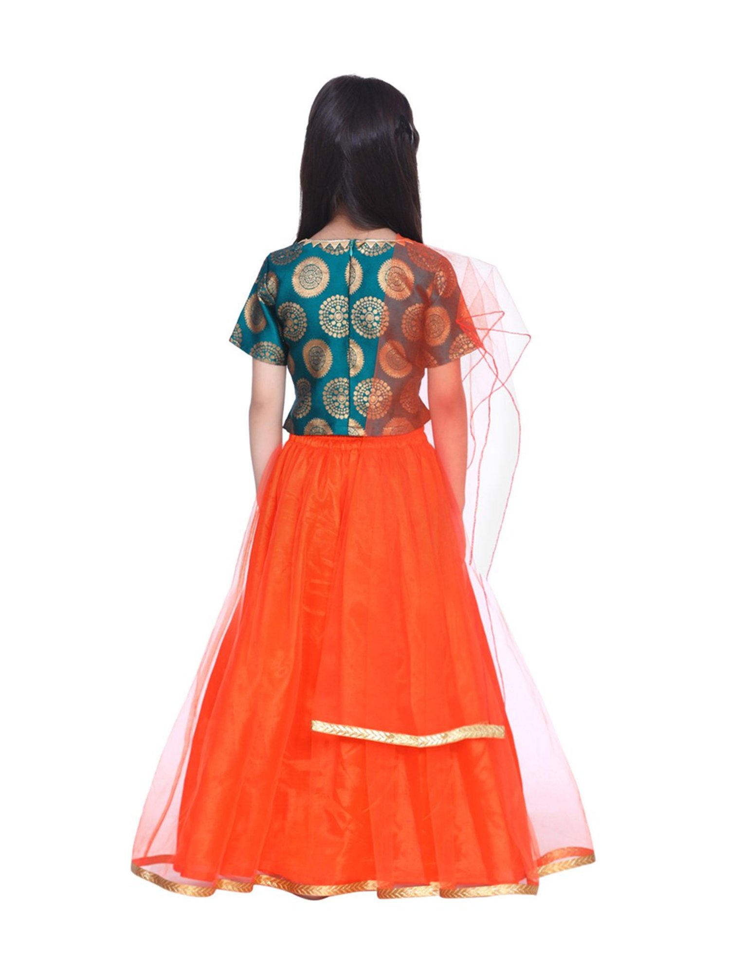 BownBee Kids Green & Orange Zari Work Lehenga Choli With Dupatta