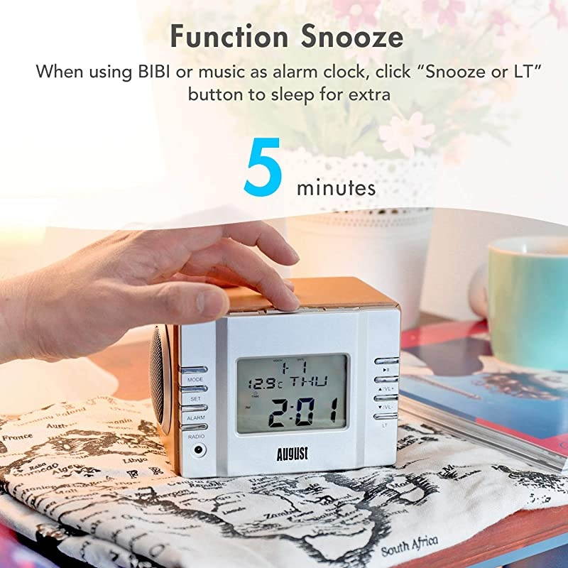 MB300 Mini Wooden MP3 Stereo System and FM Clock Radio with Card Reader USB Port AUX Jack 35mm Audio In 2 x 3W Powerful HiFi Speakers and Builtin Rechargeable Battery